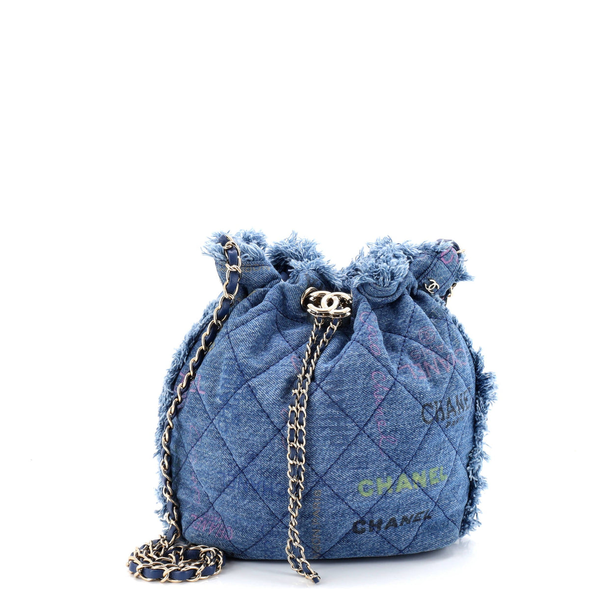 Chanel CHANEL Denim Mood Chain Bucket Bag Logo Printed Quilted Fringe Denim Medium
