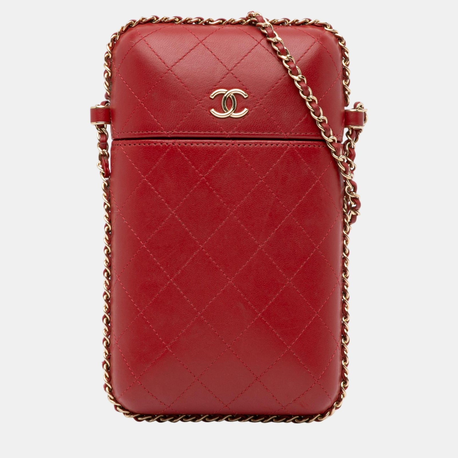 Chanel Porte-téléphone avec chaîne en cuir d'agneau matelassé rouge CC