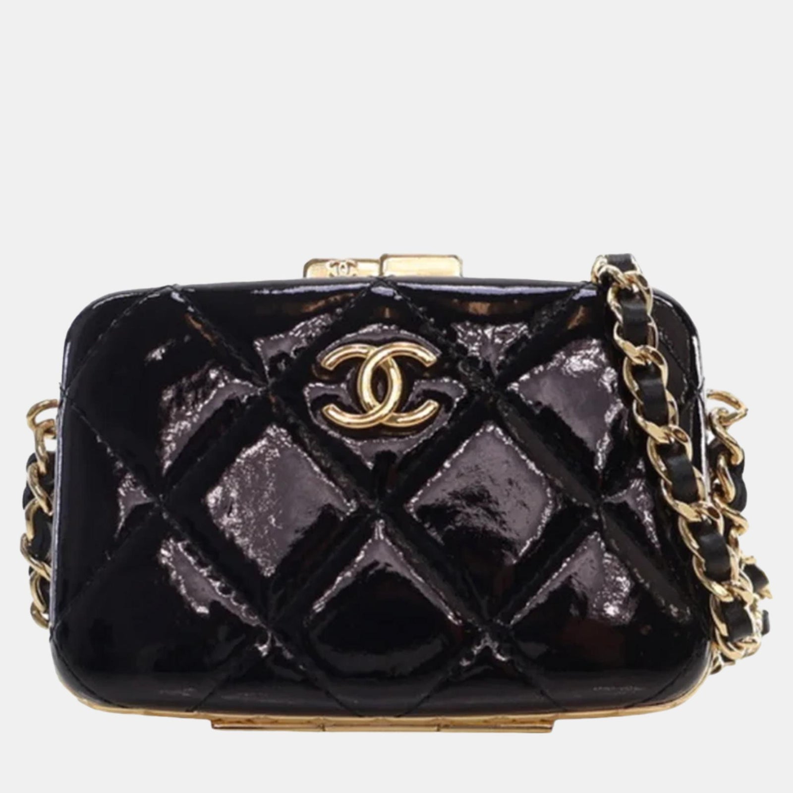 Chanel Black Small Glazed Goatskin Box With Chain