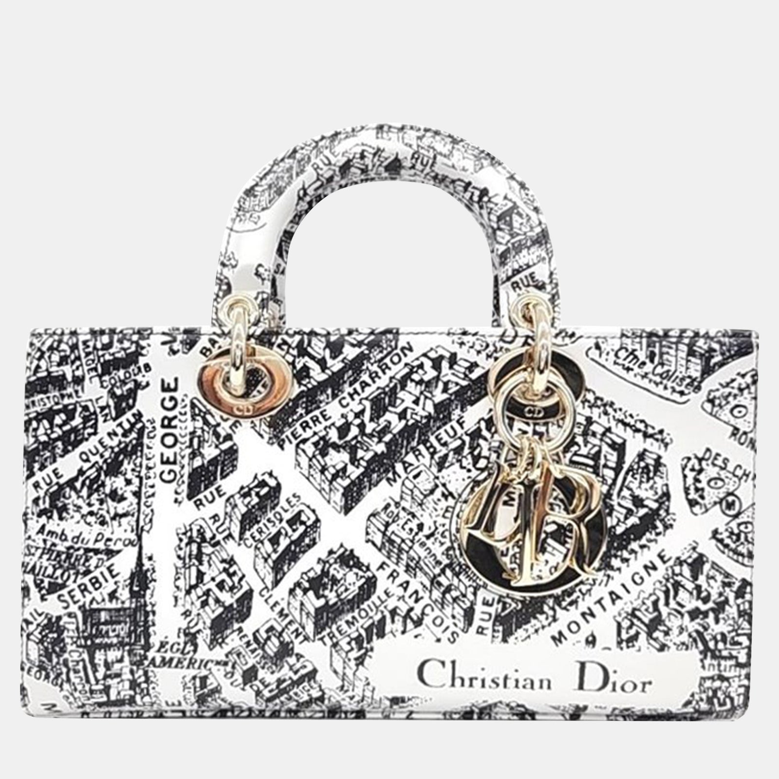 Dior Christian White/Black Plan de Paris Printed Calfskin Medium Lady D-Joy Bag