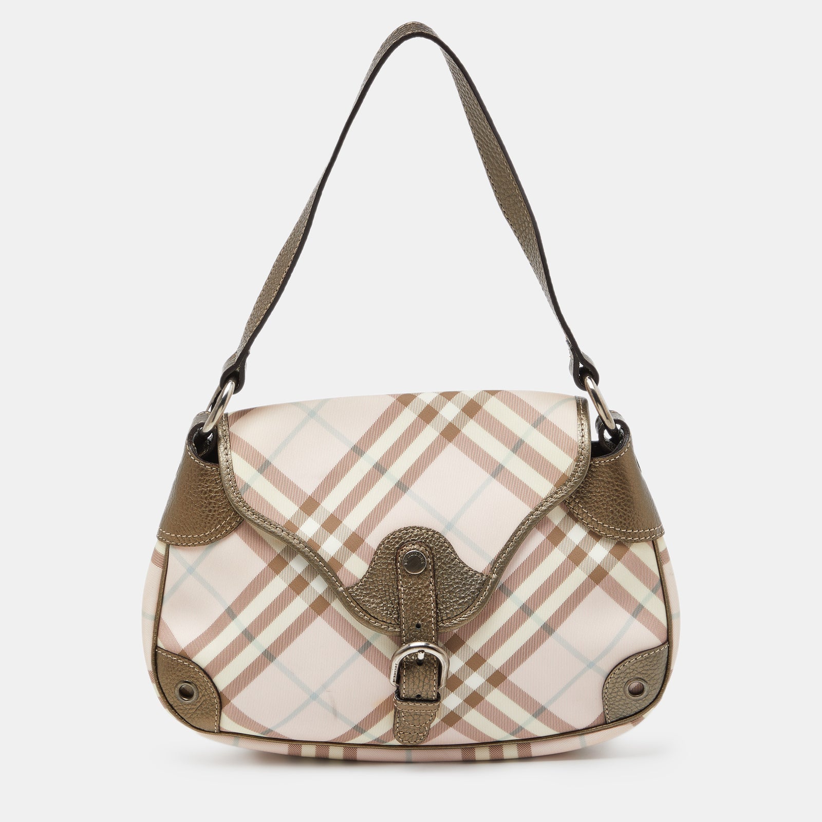 Burberry Pink/Metallic House Check PVC and Leather Buckle Flap Hobo