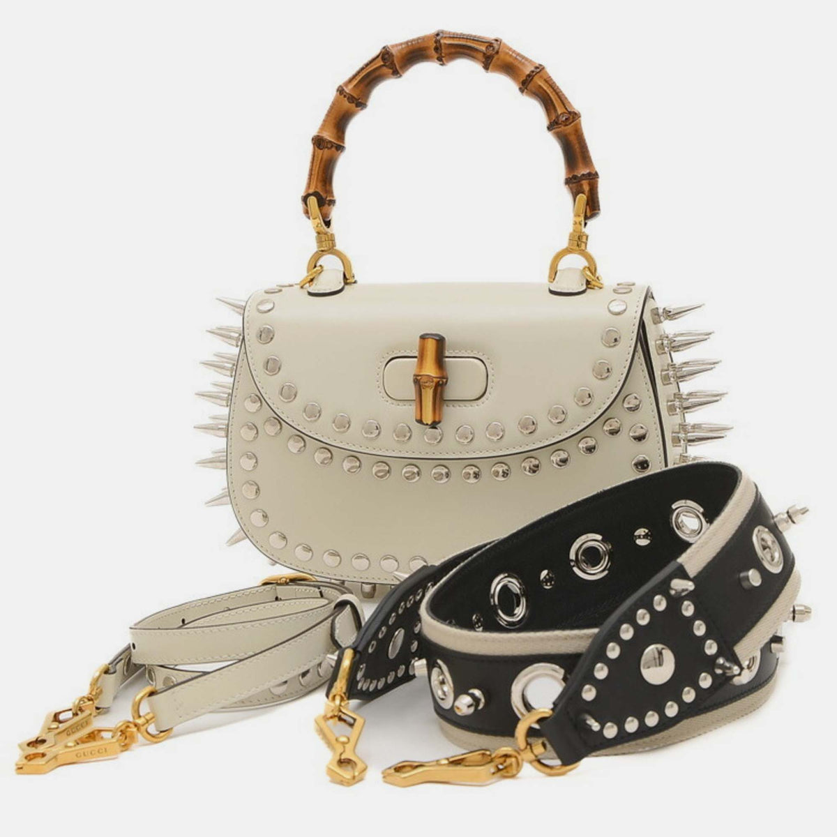 Gucci Off-White Leather Small Studded Bamboo 1947 Top Handle Bag