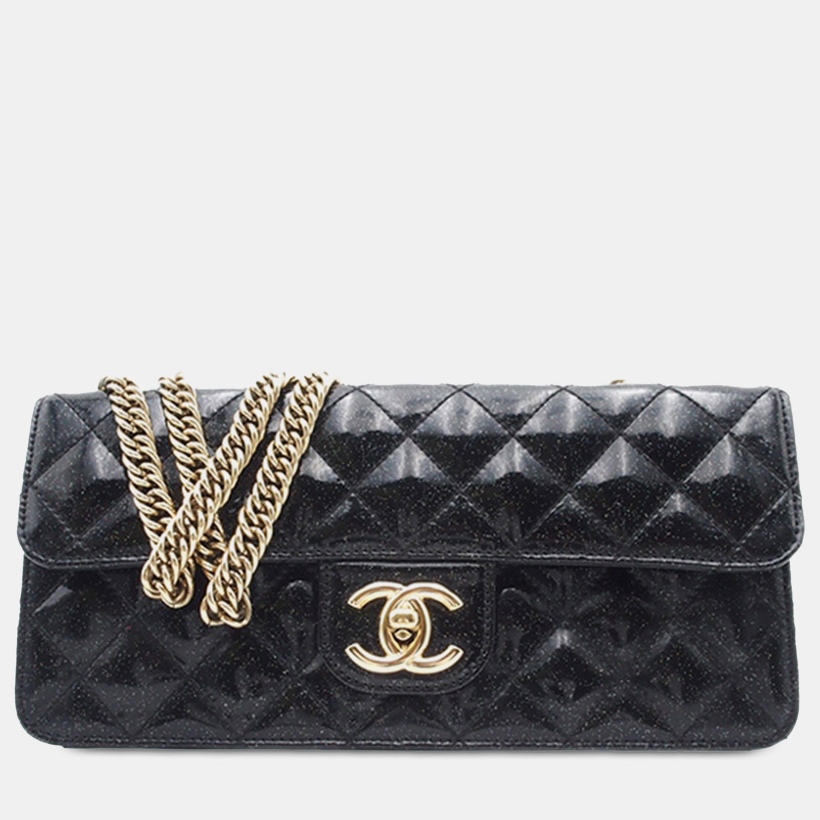 Chanel Schwarze gesteppte Evening Star East West Flap Bag aus Lackleder