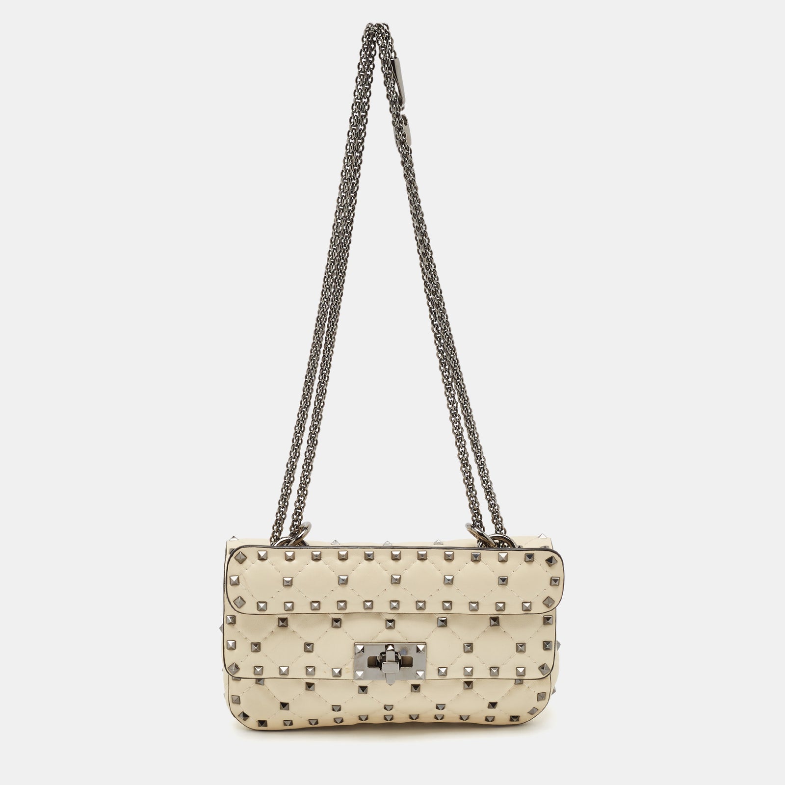 Valentino Cream Quilted Leather Small Rockstud Spike Top Handle Bag