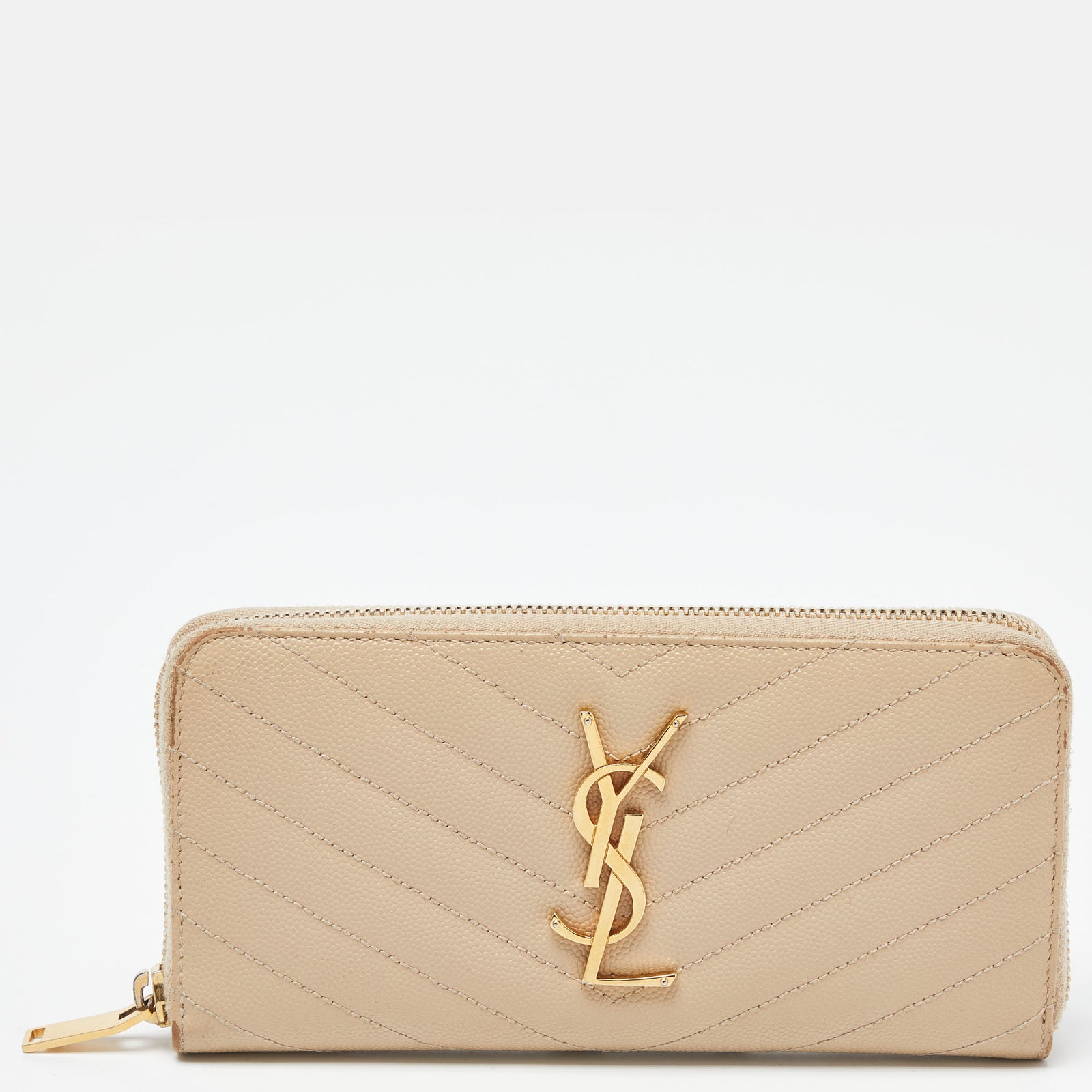 Saint Laurent Paris Saint Laurent Beige Leather Monogram Zip Around Wallet