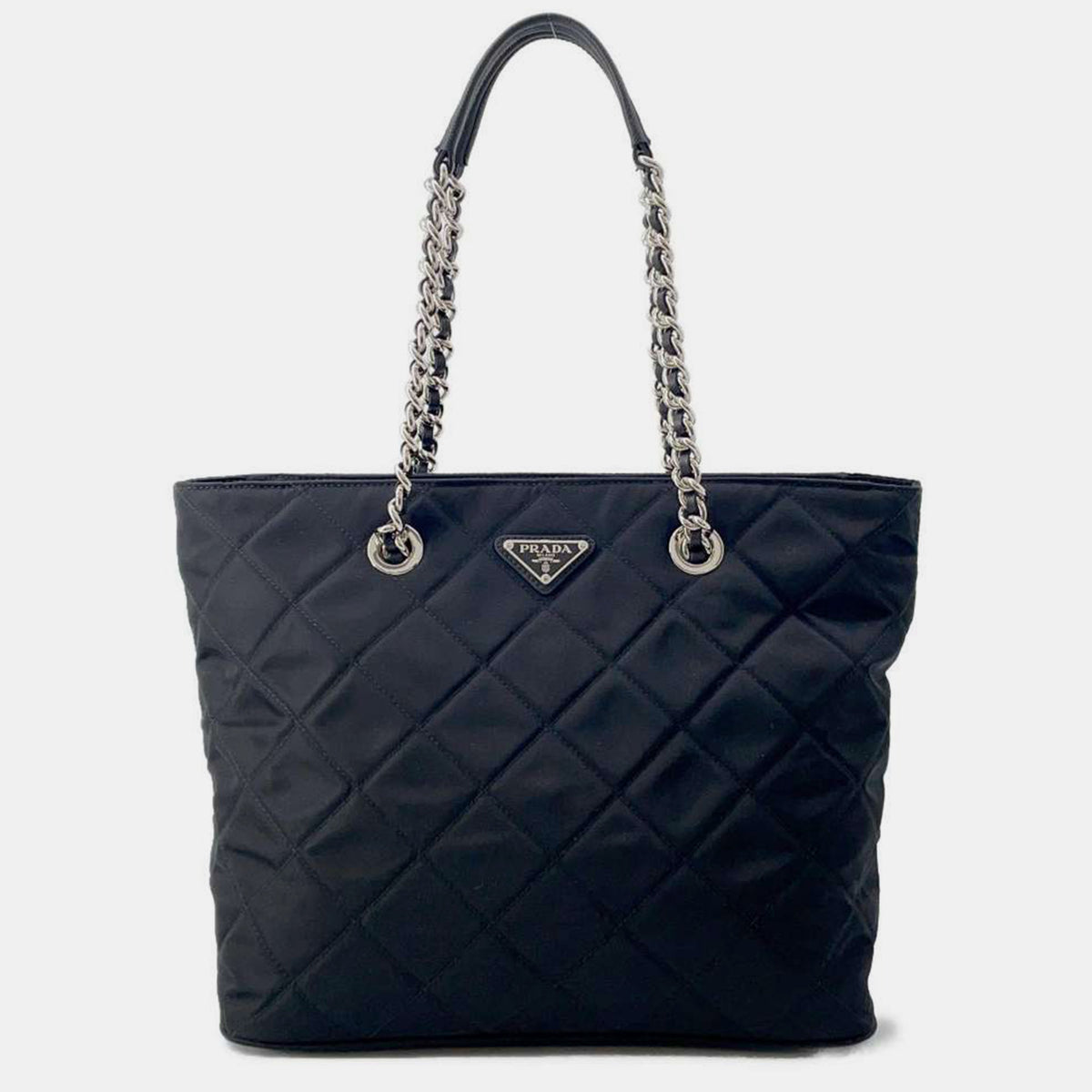 Prada Black Nylon Leather Quilted Chain Tote Bag