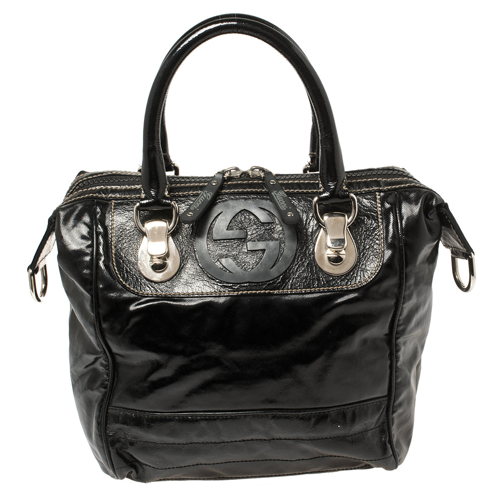 Gucci Black Coated Canvas and Leather Dialux Snow Glam Boston Bag