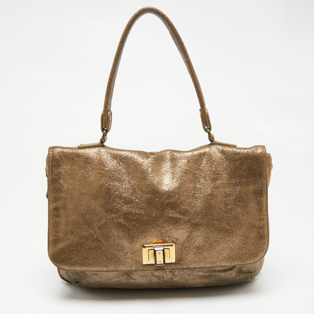 Gold Cracked Suede Flap Top Handle Bag