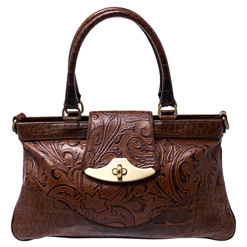 Etro Brown Paisley Embossed Leather Turnlock Shoulder Bag