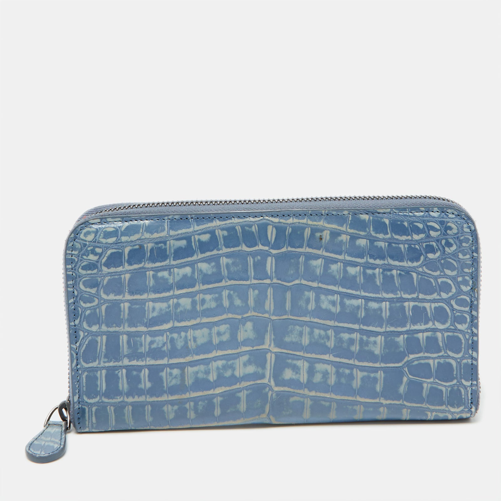 Bottega Veneta Blue Crocodile Zip Around Wallet