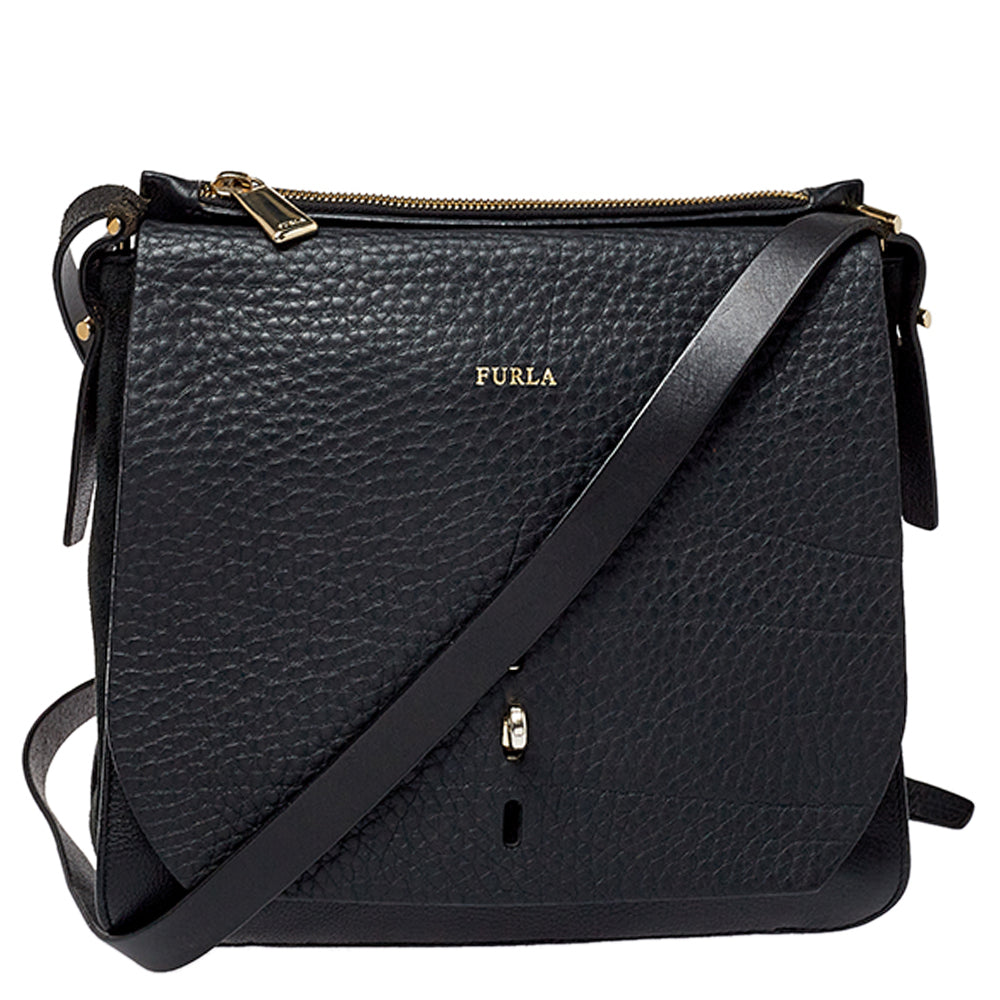 Furla Black Leather and Suede Messenger Bag