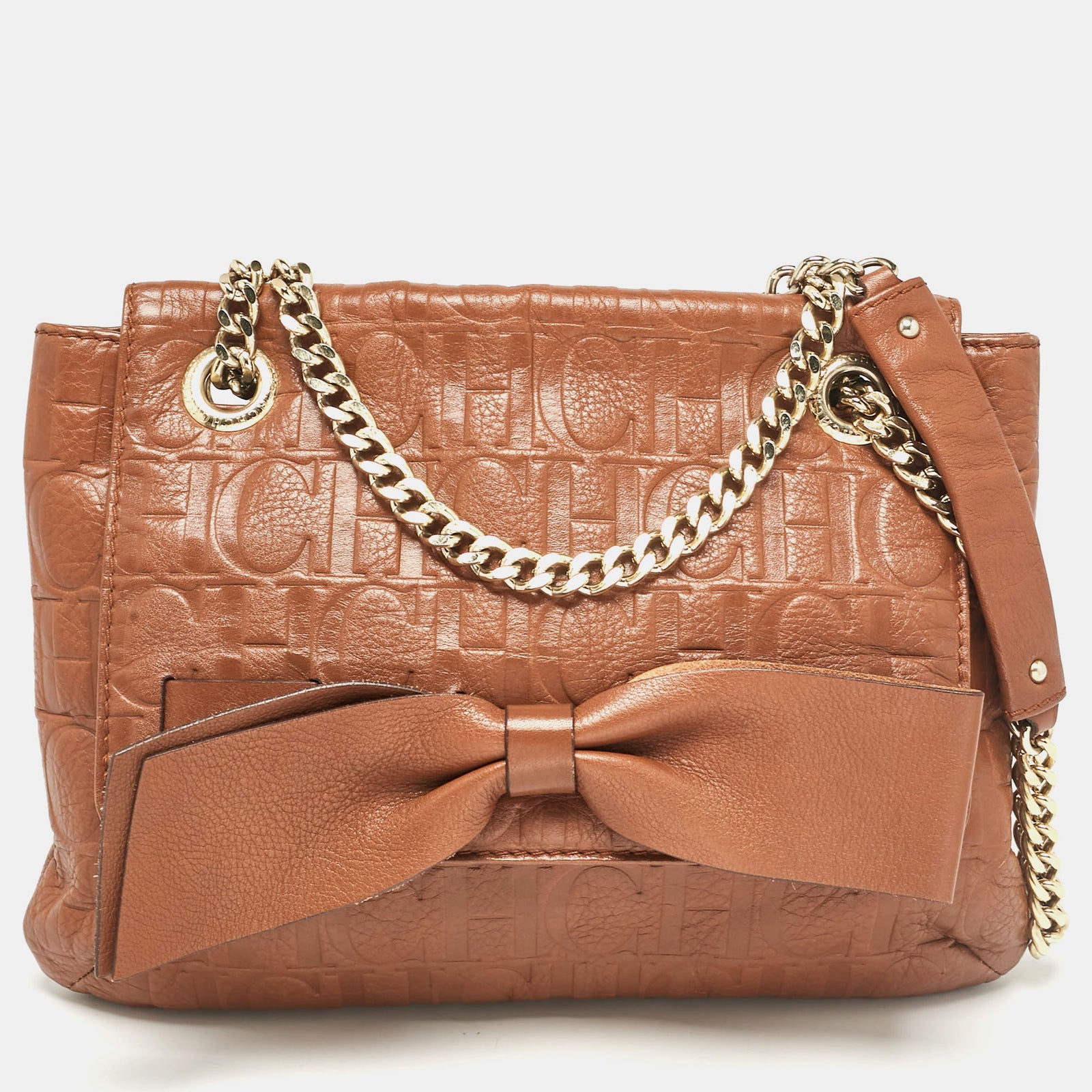 Carolina Herrera Brown Monogram Leather Audrey Shoulder Bag