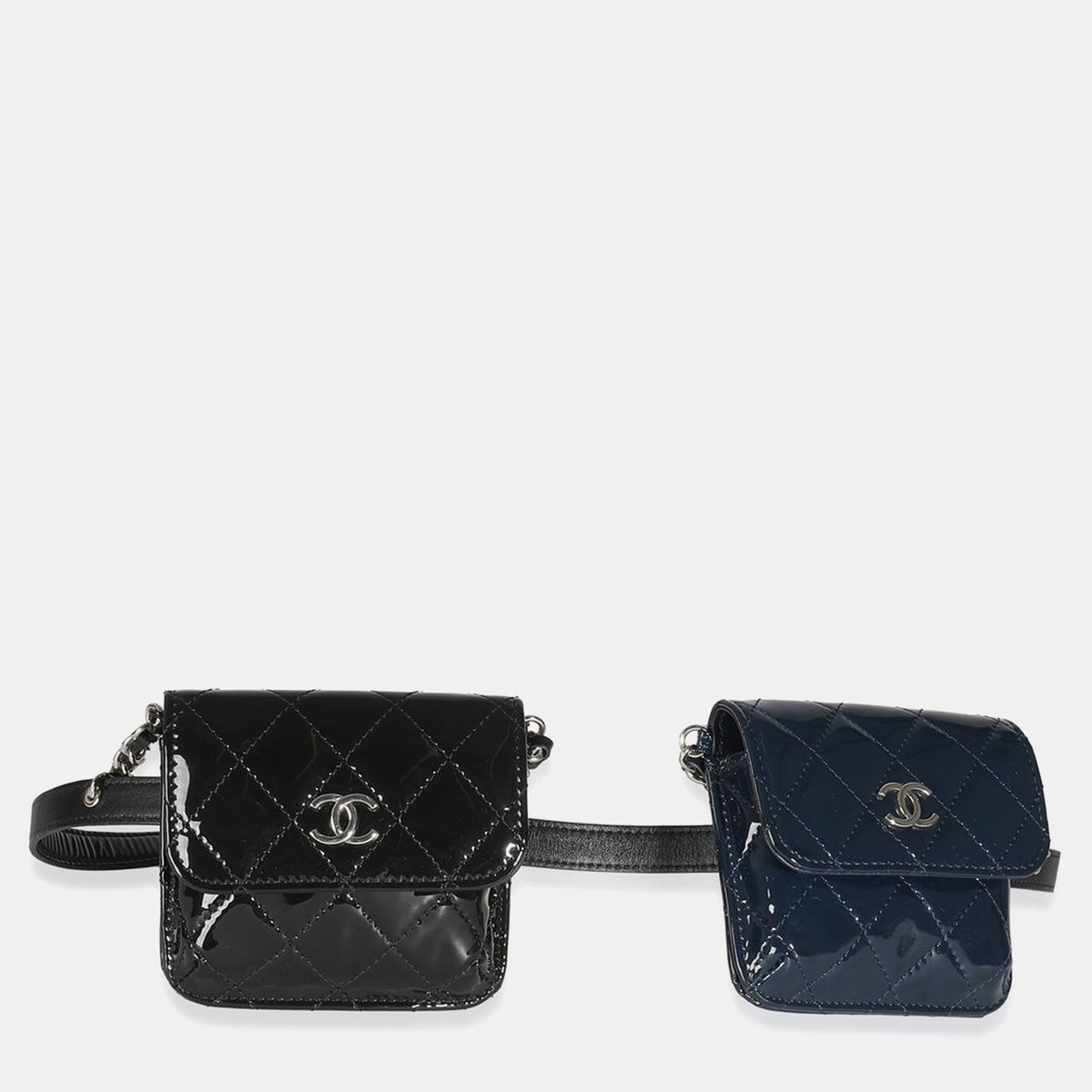 Chanel Black Navy Quilted Patent CC Double Chain Mini Waist Bag