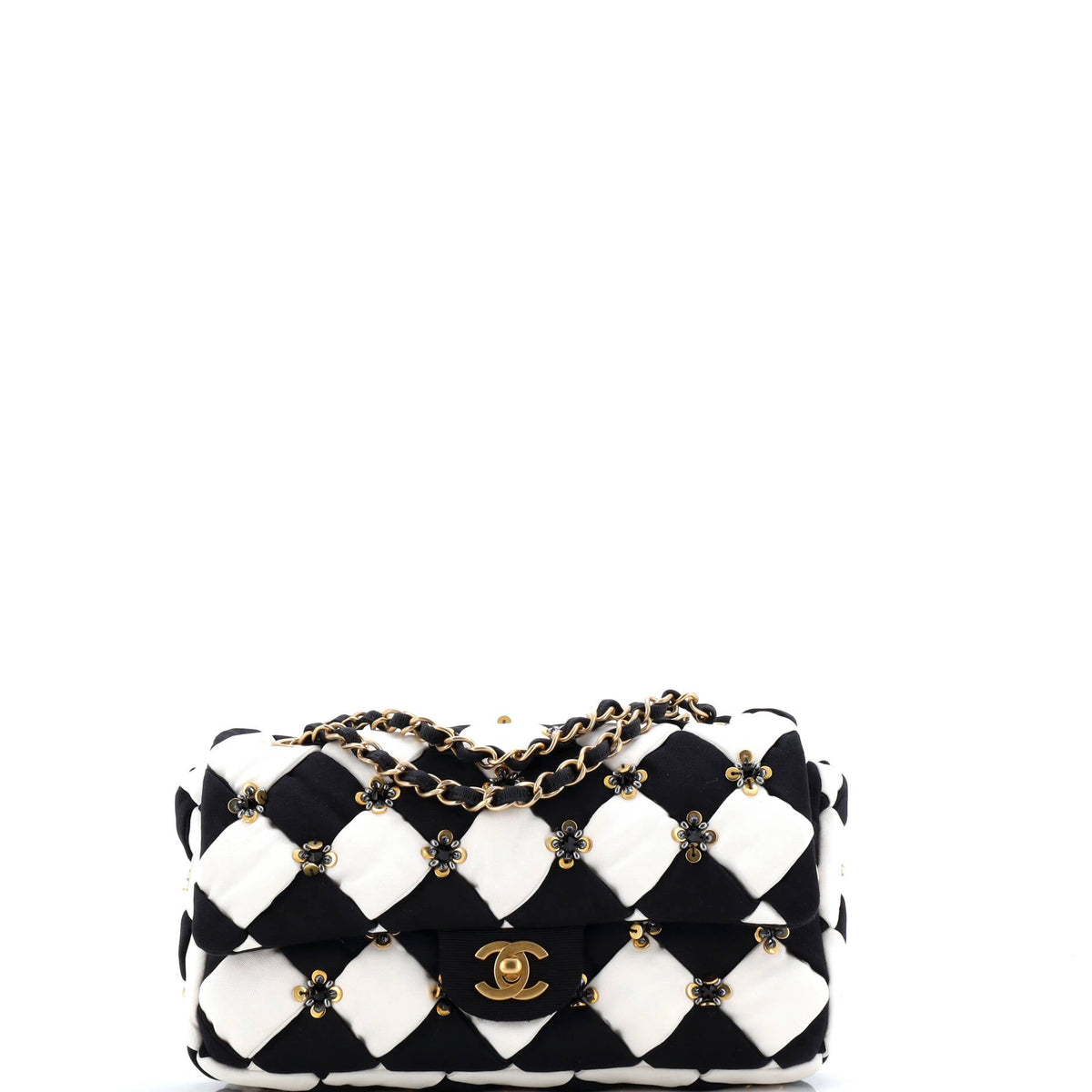 Chanel CHANEL Metiers d'Art Checkerboard Single Flap Bag Embellished Satin Medium