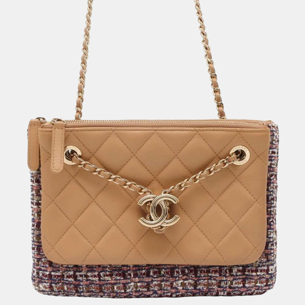 Chanel Beige/Multicolor Leather Tweed Chain Shoulder Pouch Bag