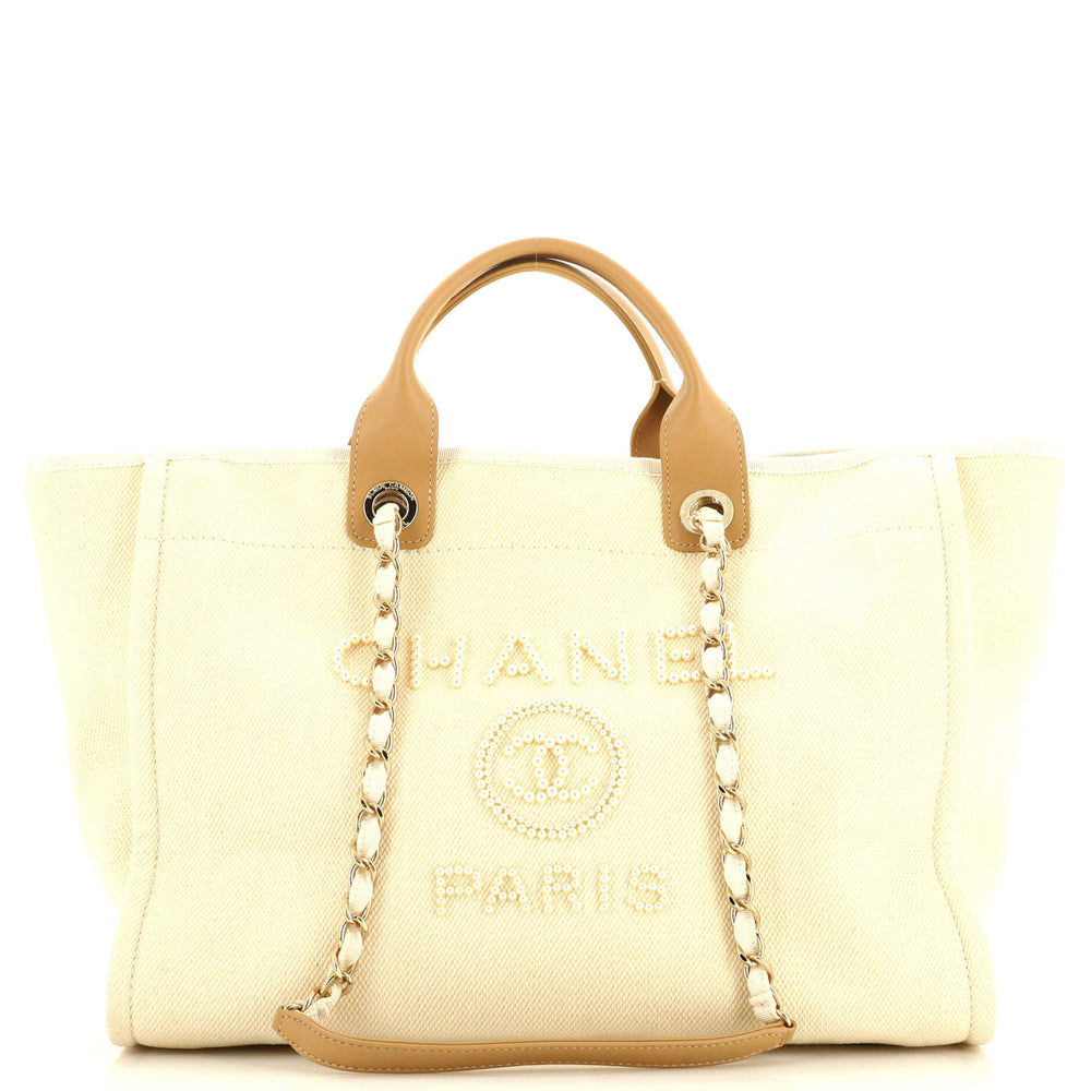 CHANEL Deauville Tote Pearl Embellished Canvas Medium