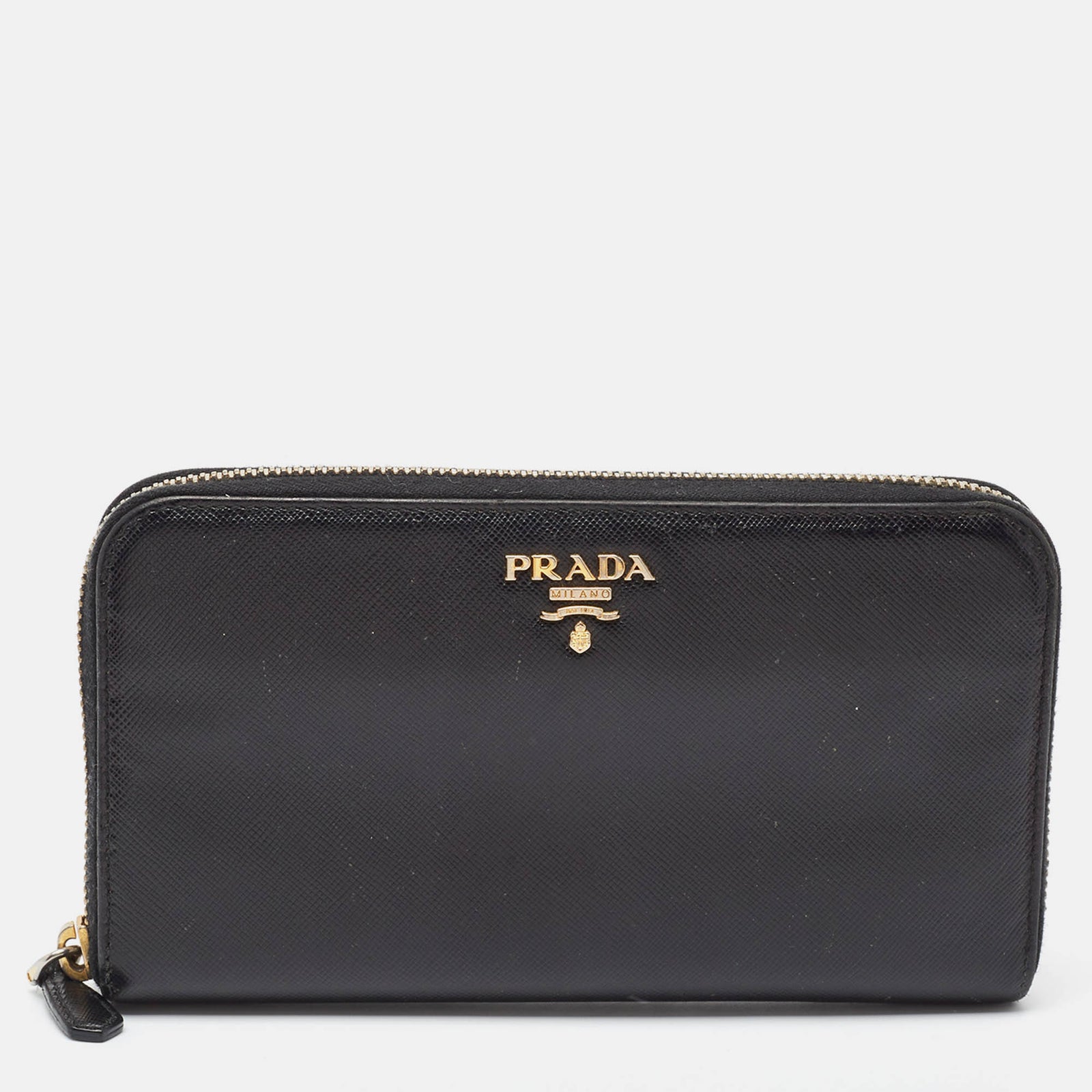 Prada Portefeuille continental zippé en cuir Saffiano Lux noir