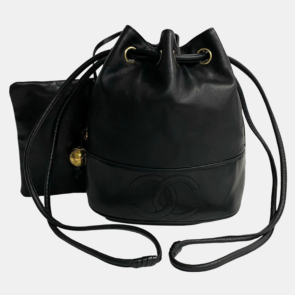 Chanel Black Leather CC Drawstring Bucket Crossbody Bag