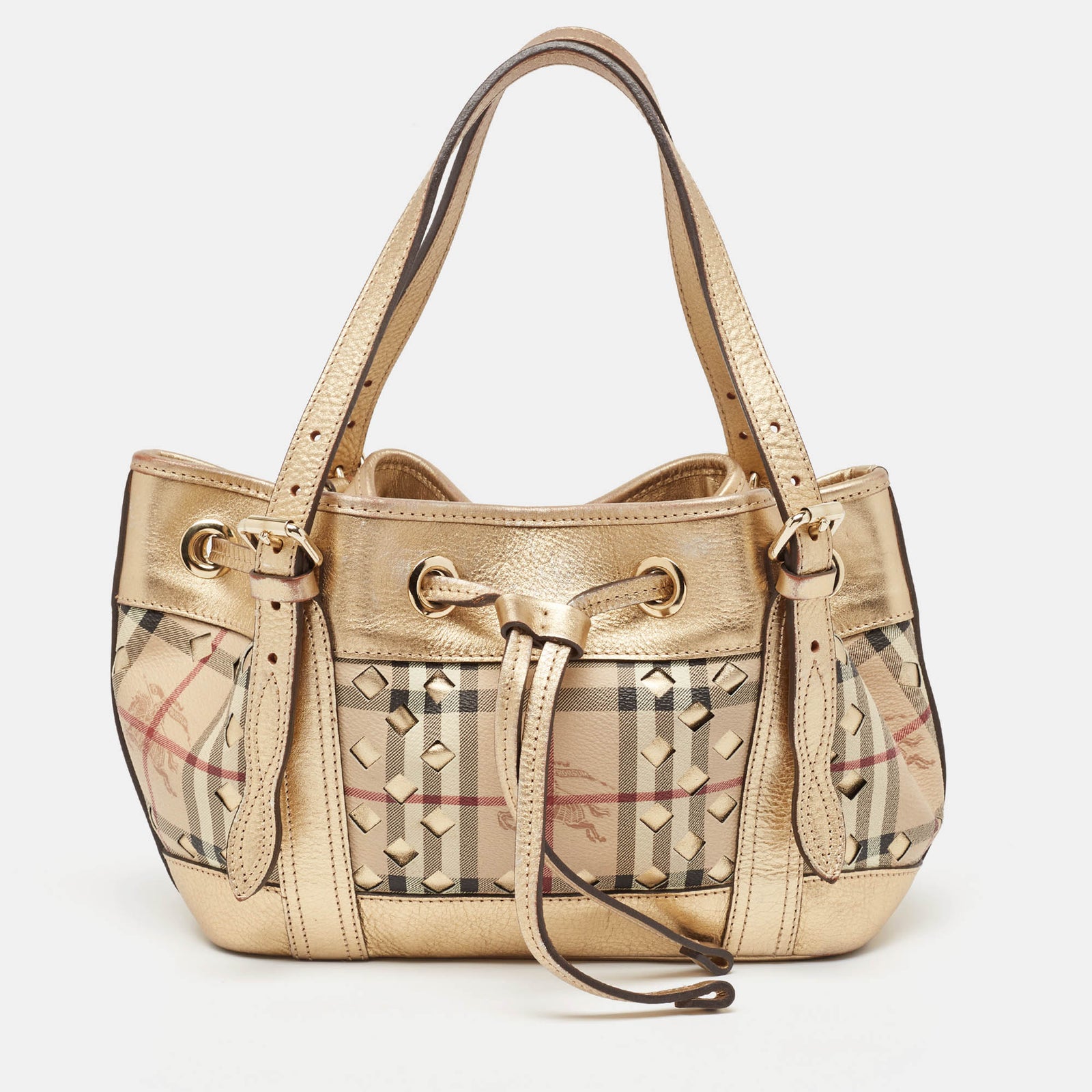 Burberry Gold/Beige Haymarket Check Laser Cut Coated Canvas and Leather Drawstring Tote