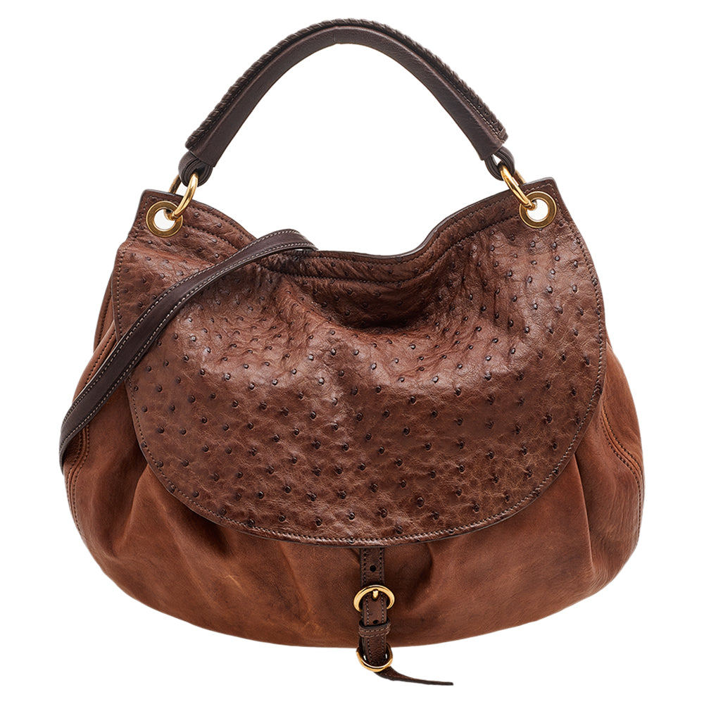 Miu Miu Brown Ostrich And Leather Top Handle Bag