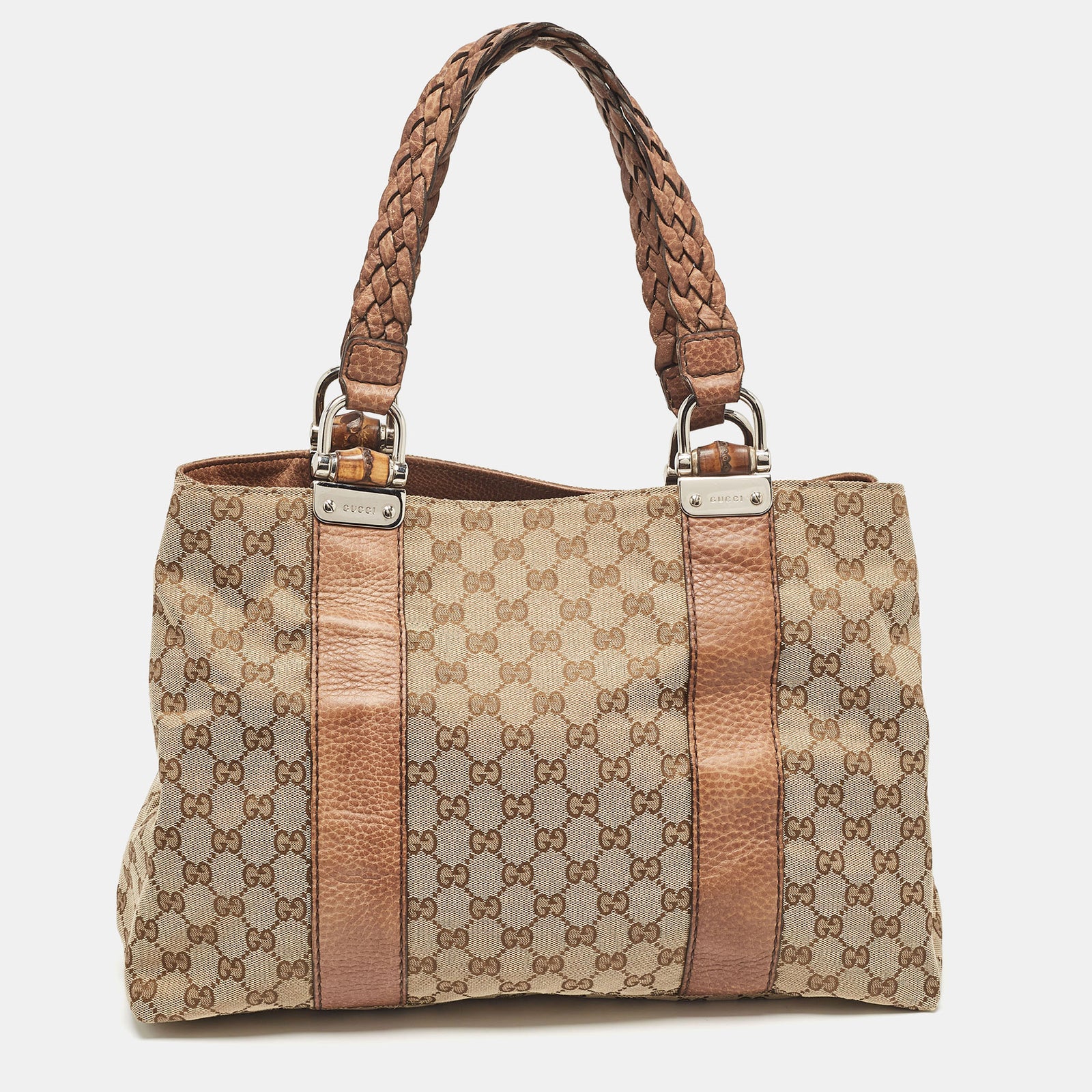 Gucci Sac fourre-tout en bambou de taille moyenne en toile et cuir GG beige/marron