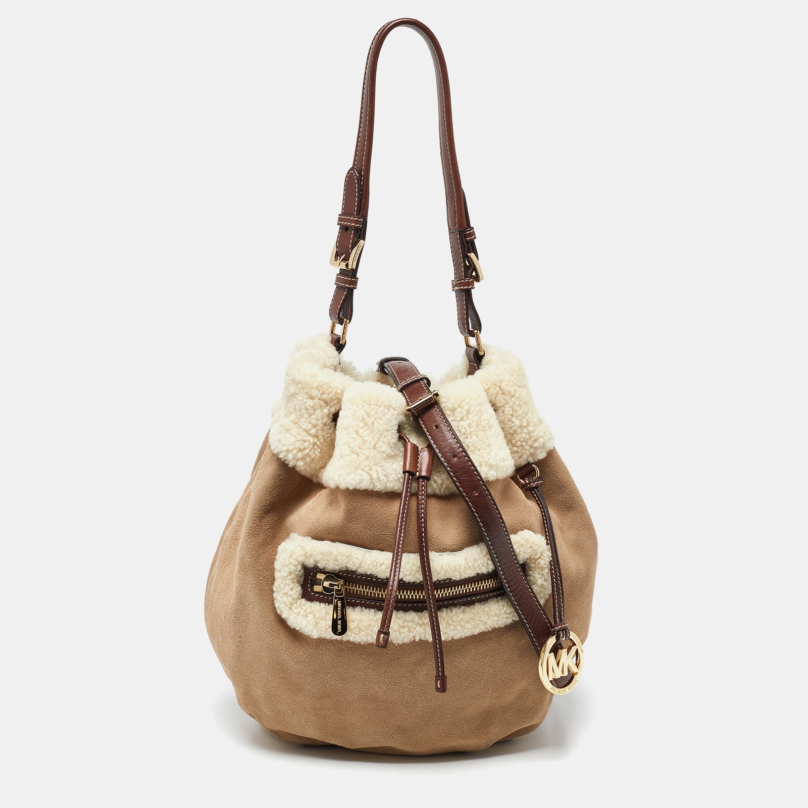 Michael Kors Beige/Brown Suede and Shearling Fur Bucket Bag