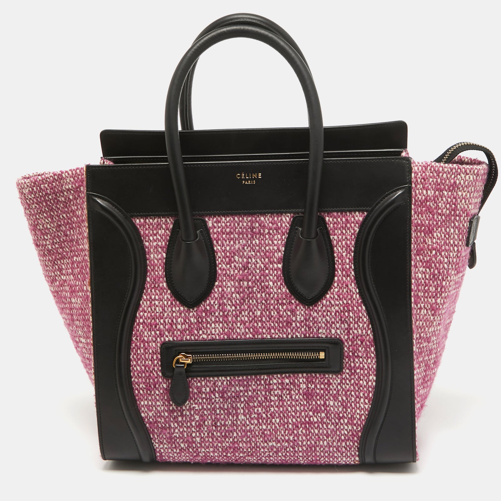 Celine Mini-Gepäcktasche aus Strickstoff und Leder in Schwarz/Fuchsia