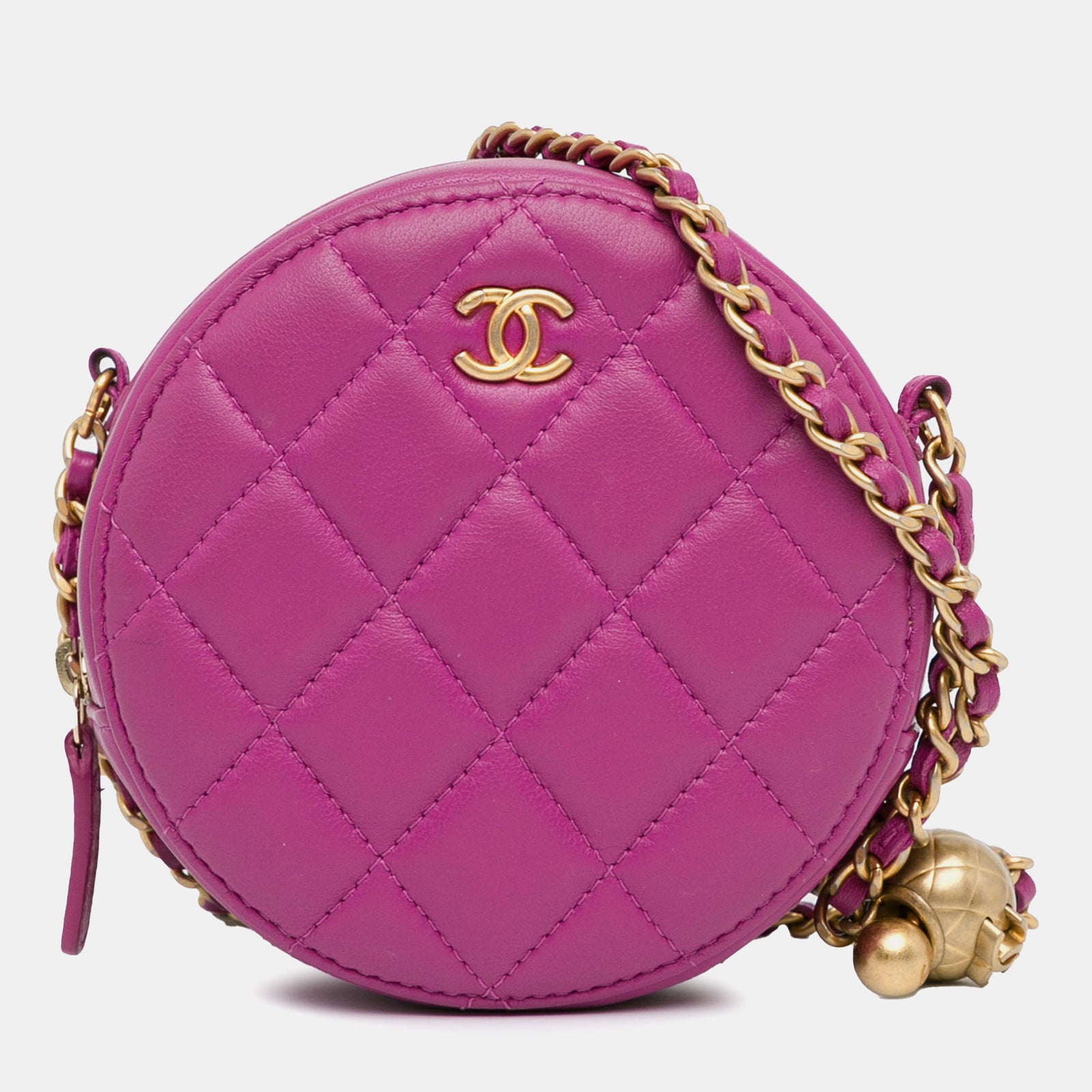 Chanel Pochette ronde en cuir d'agneau matelassé CC avec chaîne et perles