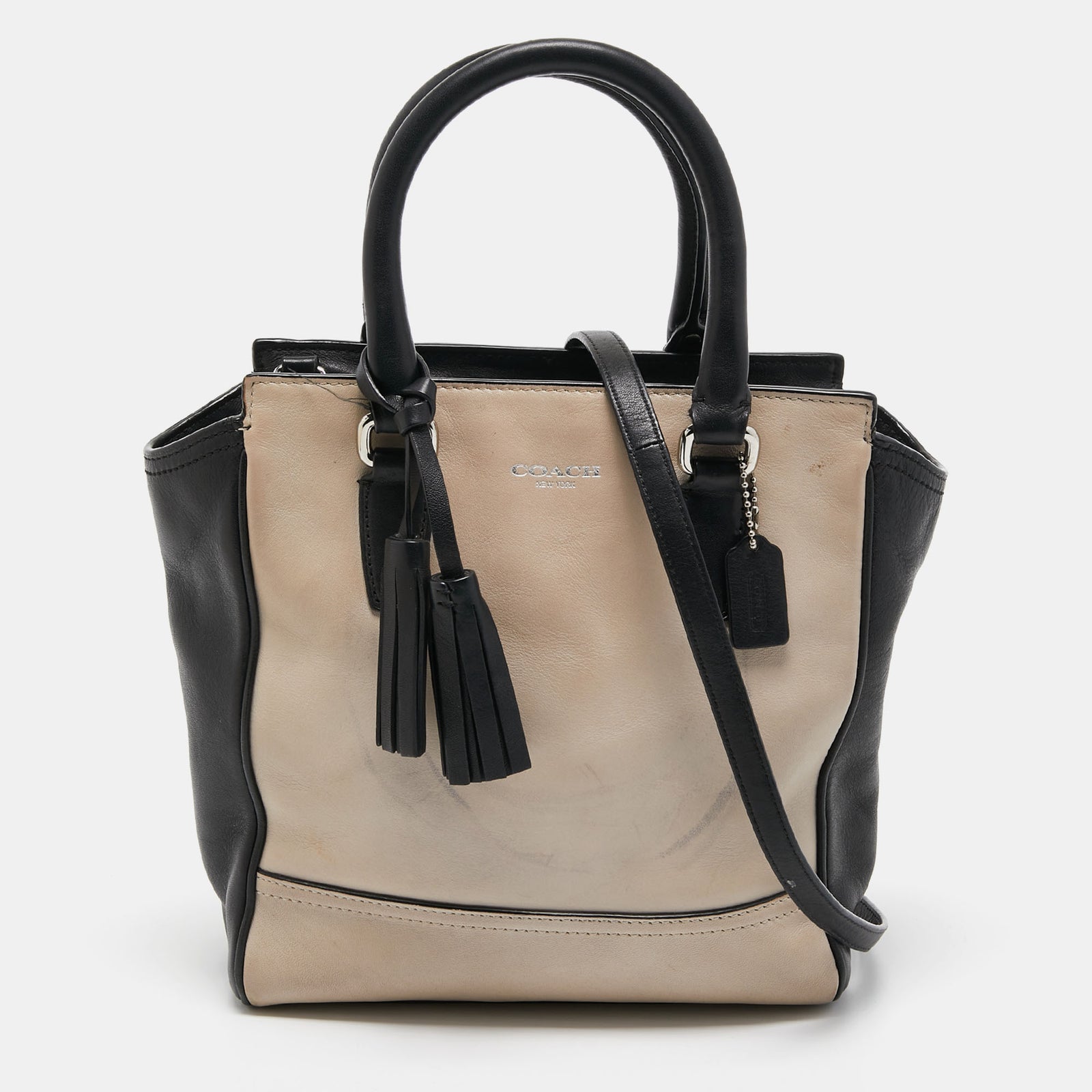 Coach Black/Beige Leather Tassel Tote