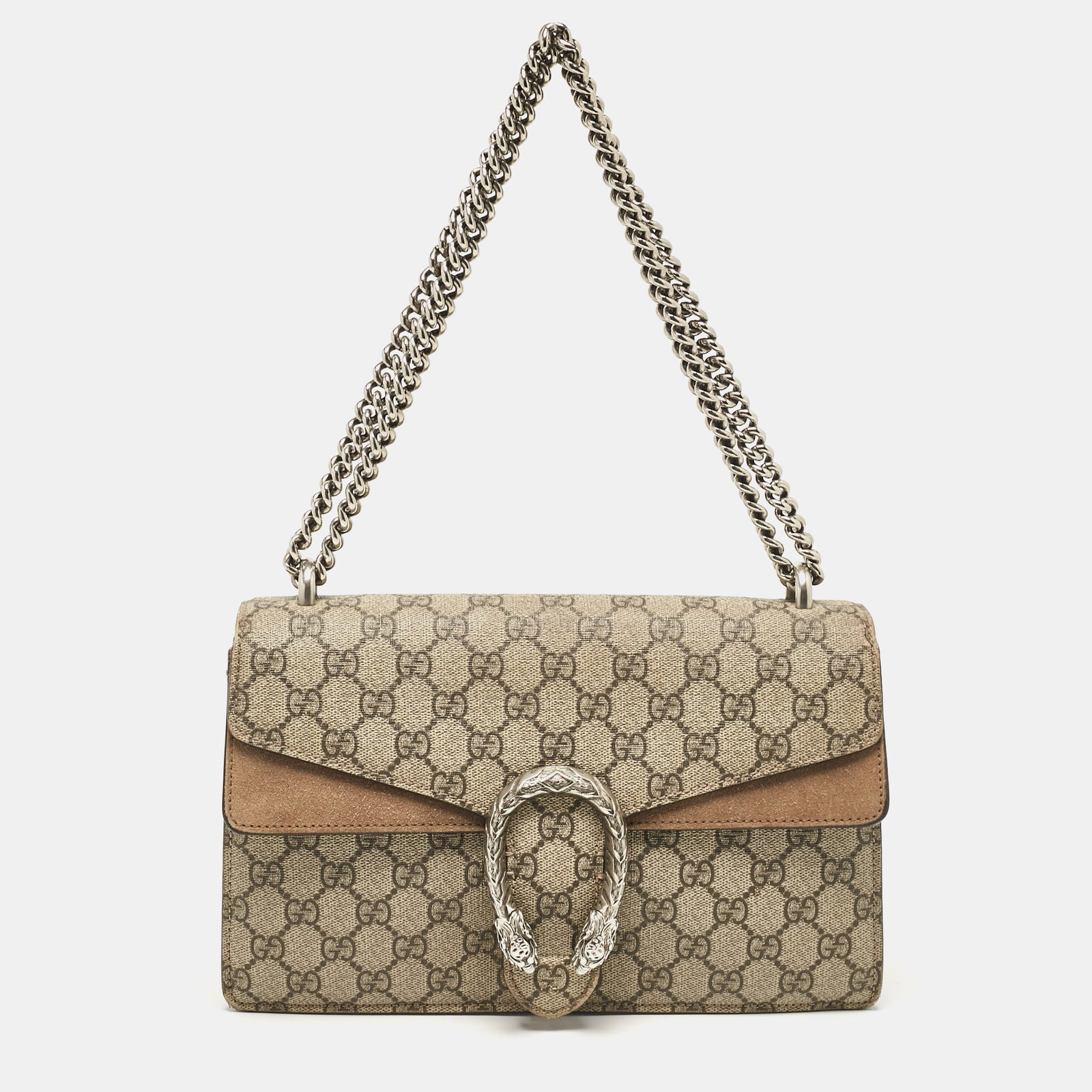 Gucci Kleine Dionysus-Umhängetasche aus beigefarbenem GG Supreme-Canvas und Wildleder