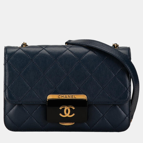 Navy Blue Mini Lambskin Beauty Lock Flap