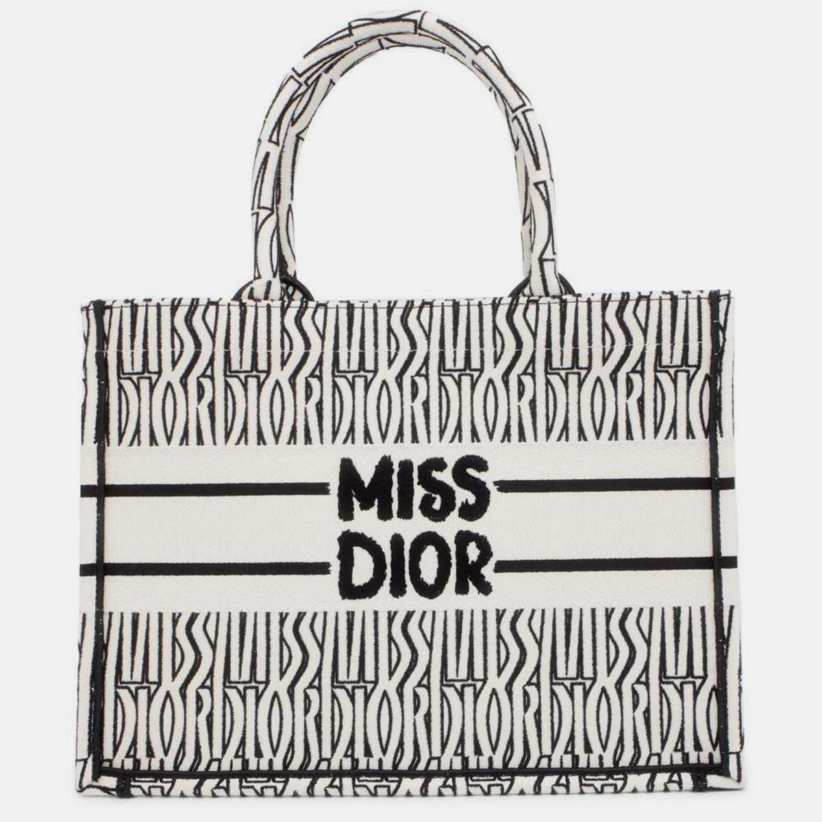 Dior White/Black Canvas Miss Allover Embroidery Medium Size Book Tote bag