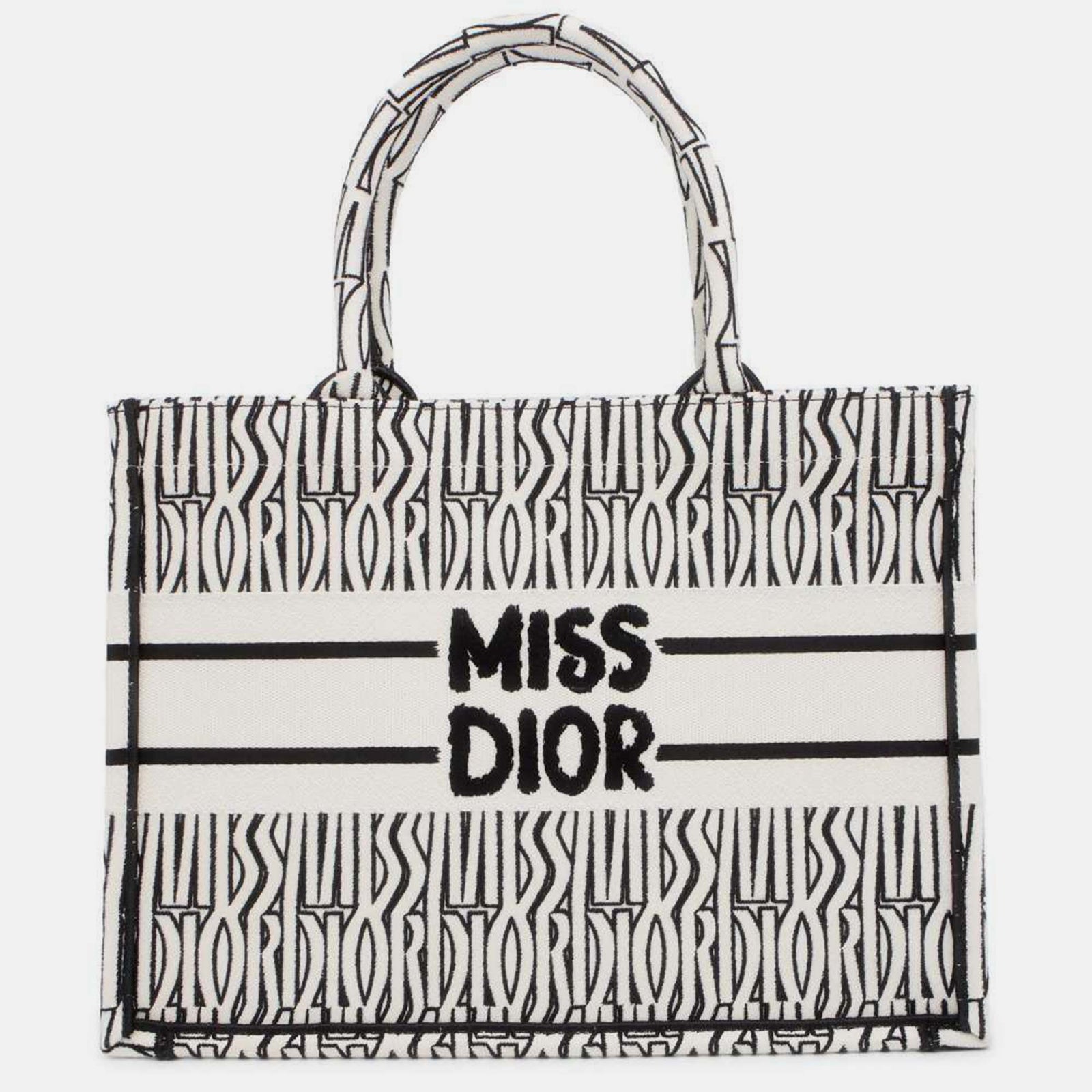 Dior Mittelgroße Einkaufstasche „Miss Allover Embroidery“ aus weißem/schwarzem Canvas