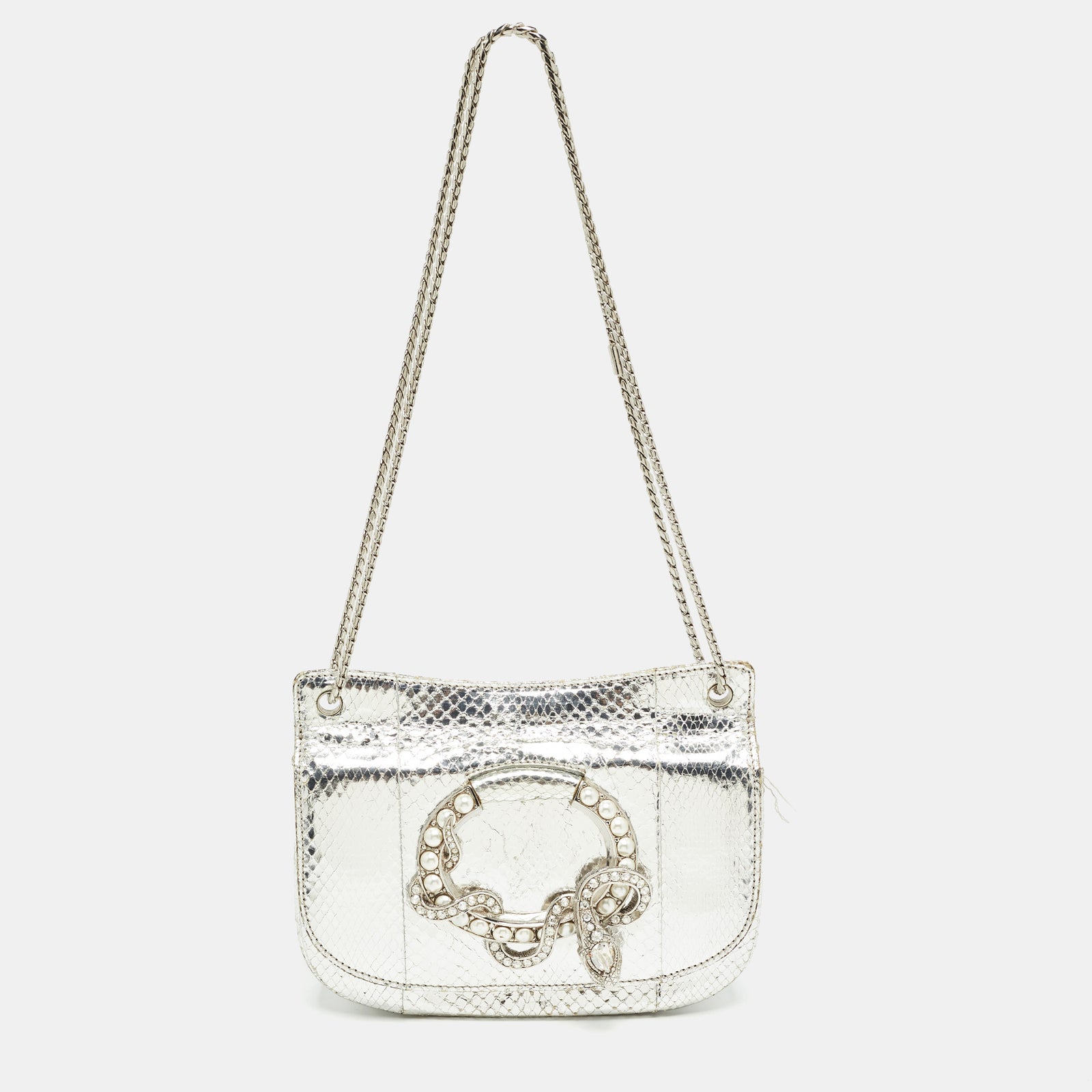 Roberto Cavalli Silver Laminated Snakeskin Leather Embellished Shoulder Bag