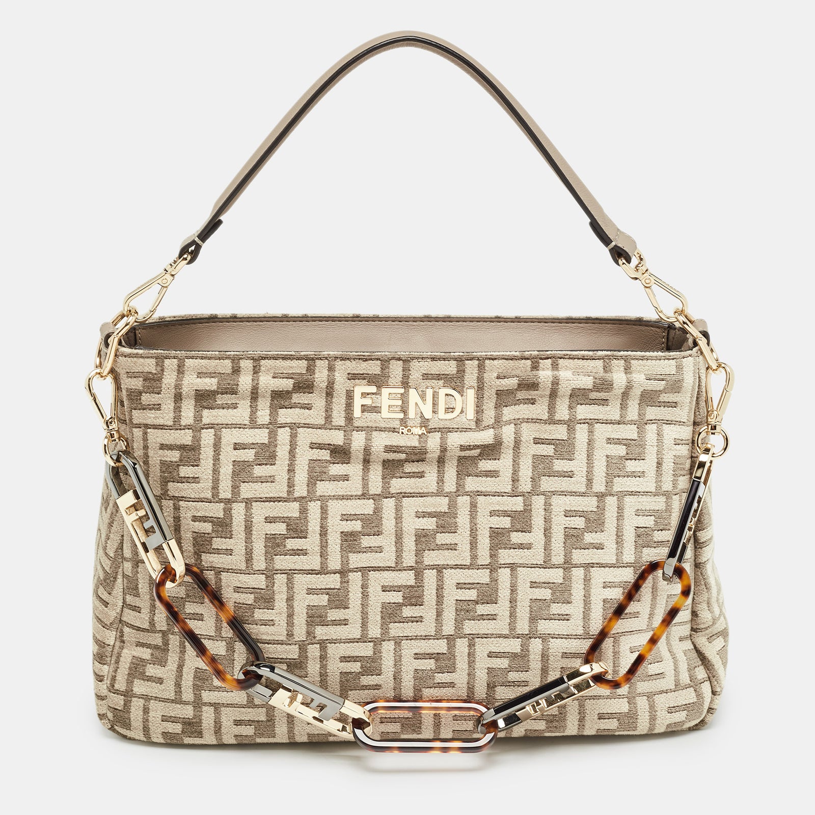 Fendi Beige Zucca Velvet and Leather O'Lock Zipper Top Handle Bag