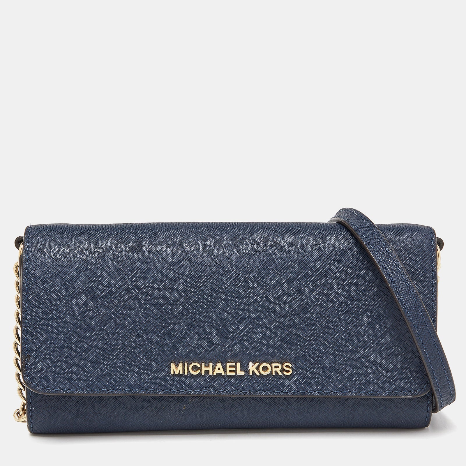 Michael Kors Blue Leather Jet Set Travel Wallet On Chain