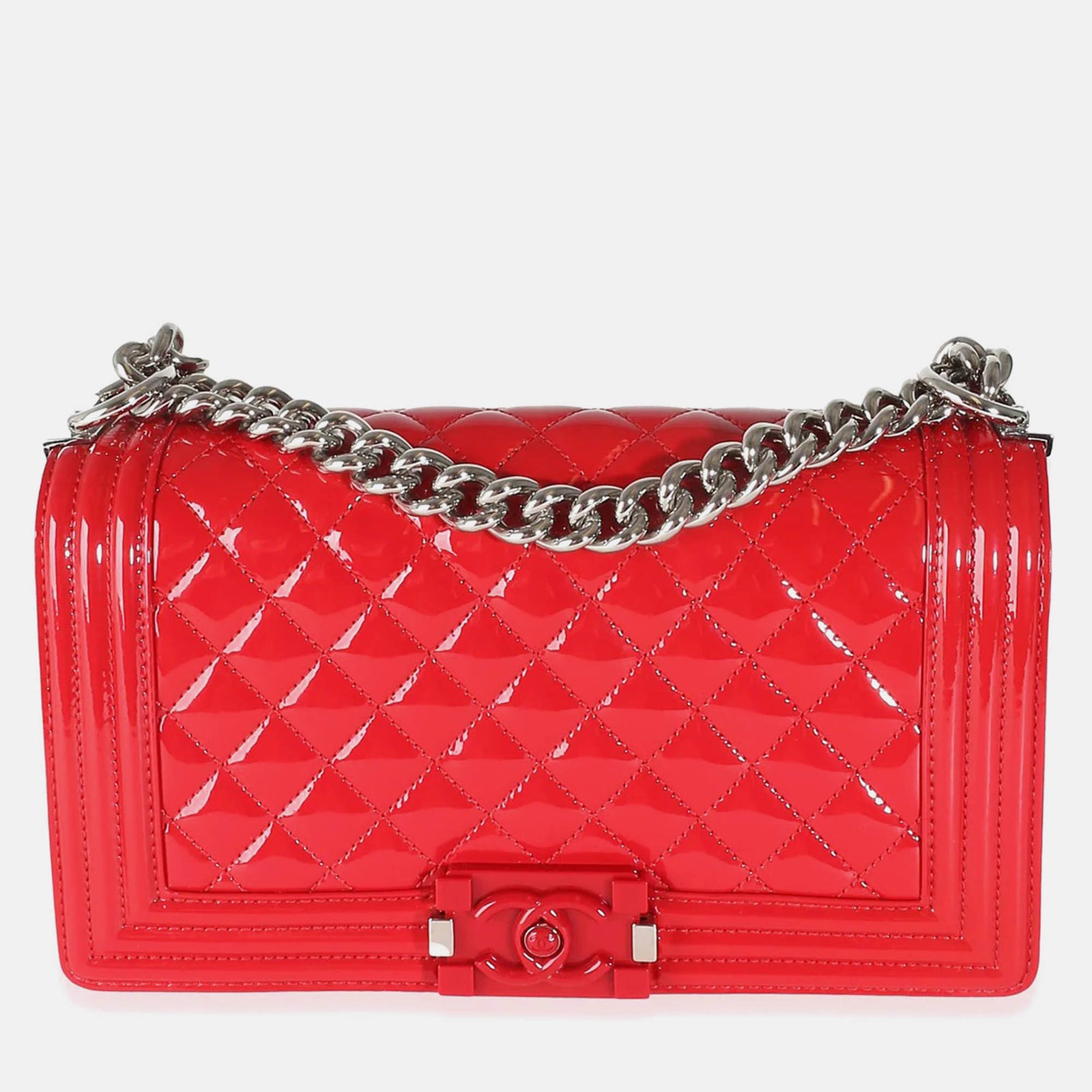 Chanel Rote gesteppte Old Medium Boy-Tasche aus Plexiglas in Lackoptik