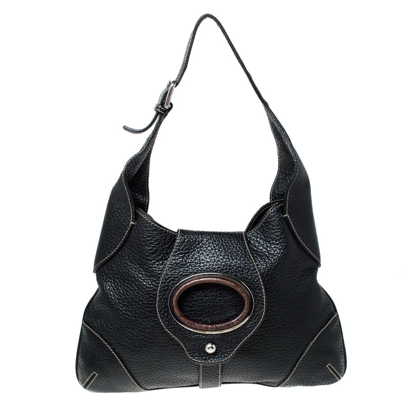 Dolce & Gabbana Black Pebbled Leather Ring Shoulder Bag