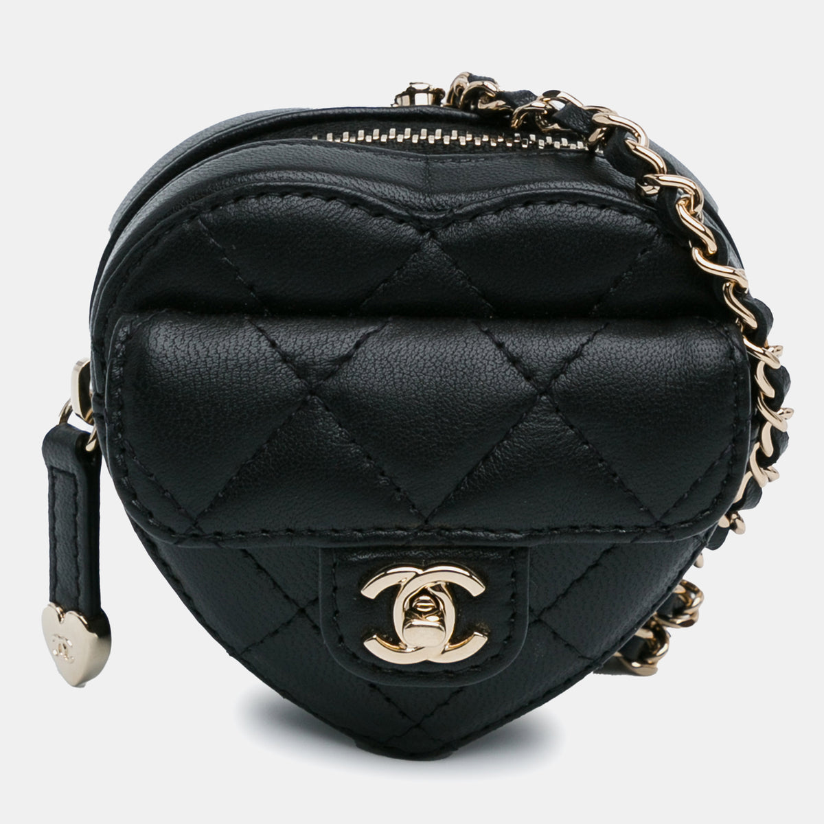Chanel Black Lambskin Leather CC in Love Heart Necklace Bag