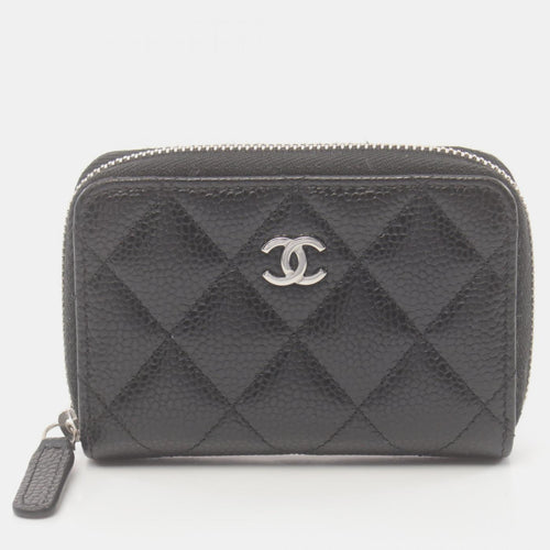 Black Leather Quilted Caviar Zip Coin Purse