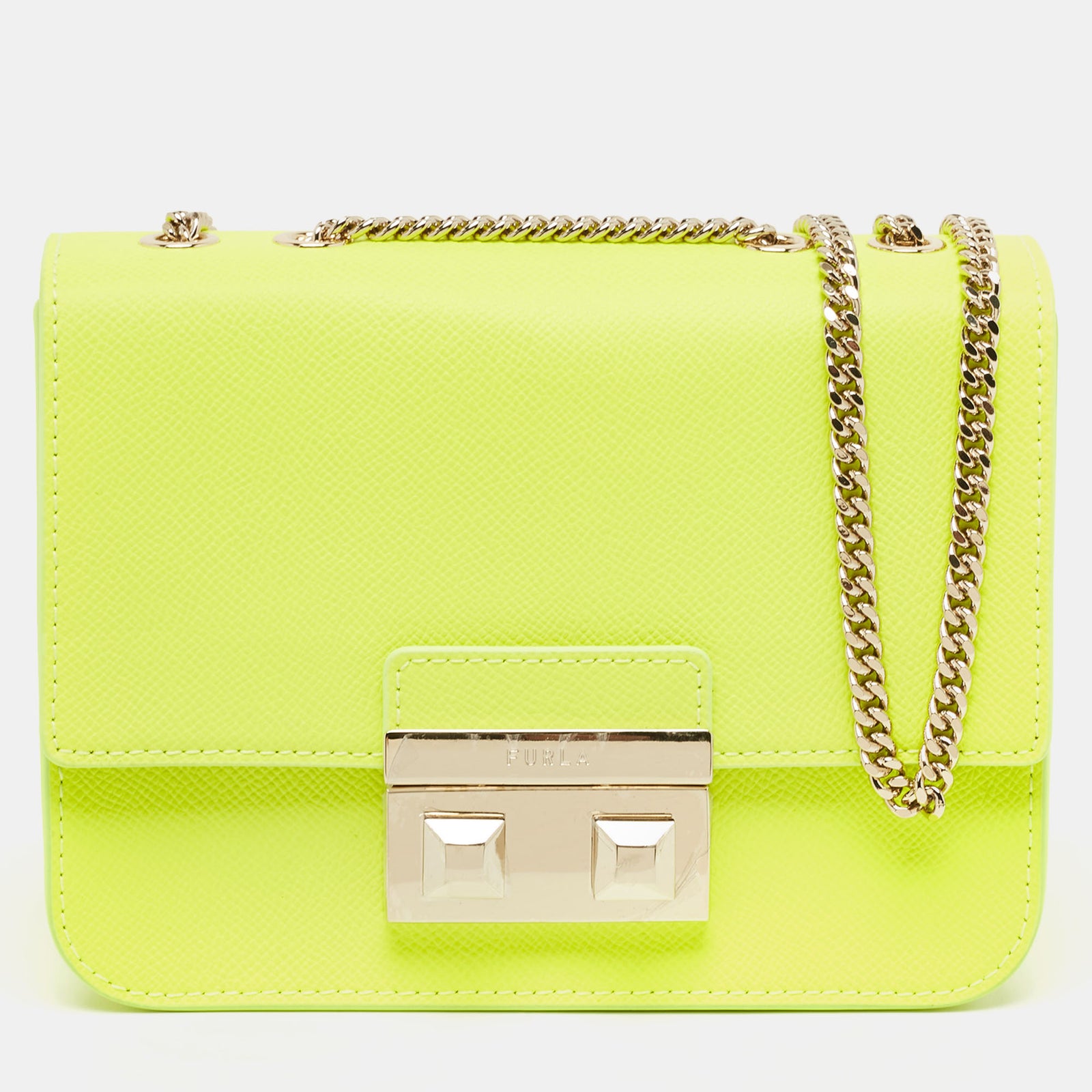 Furla Neon Green Leather Mini Bella Crossbody Bag