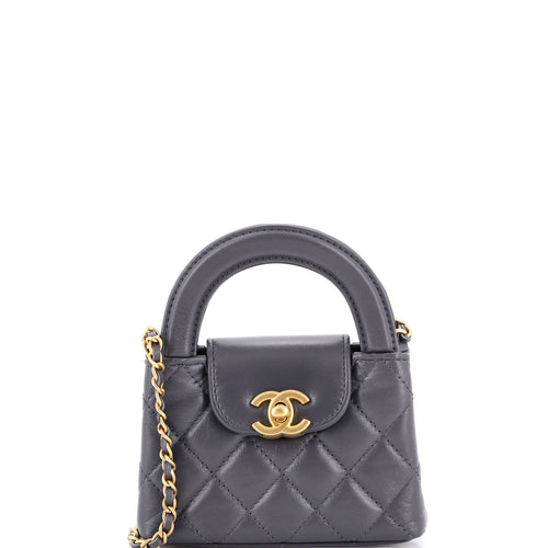 CHANEL Kelly Top Handle Shopping Bag Quilted Shiny Aged Calfskin Nano
