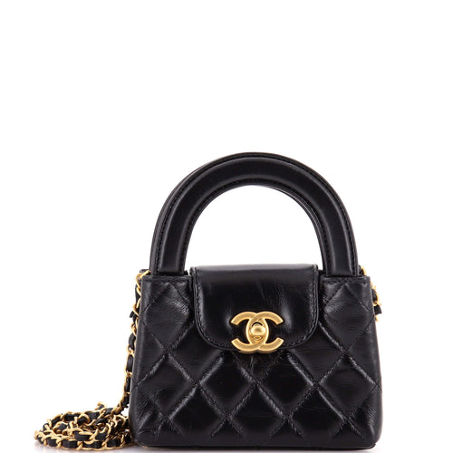 CHANEL Kelly Top Handle Shopping Bag Quilted Shiny Aged Calfskin Nano