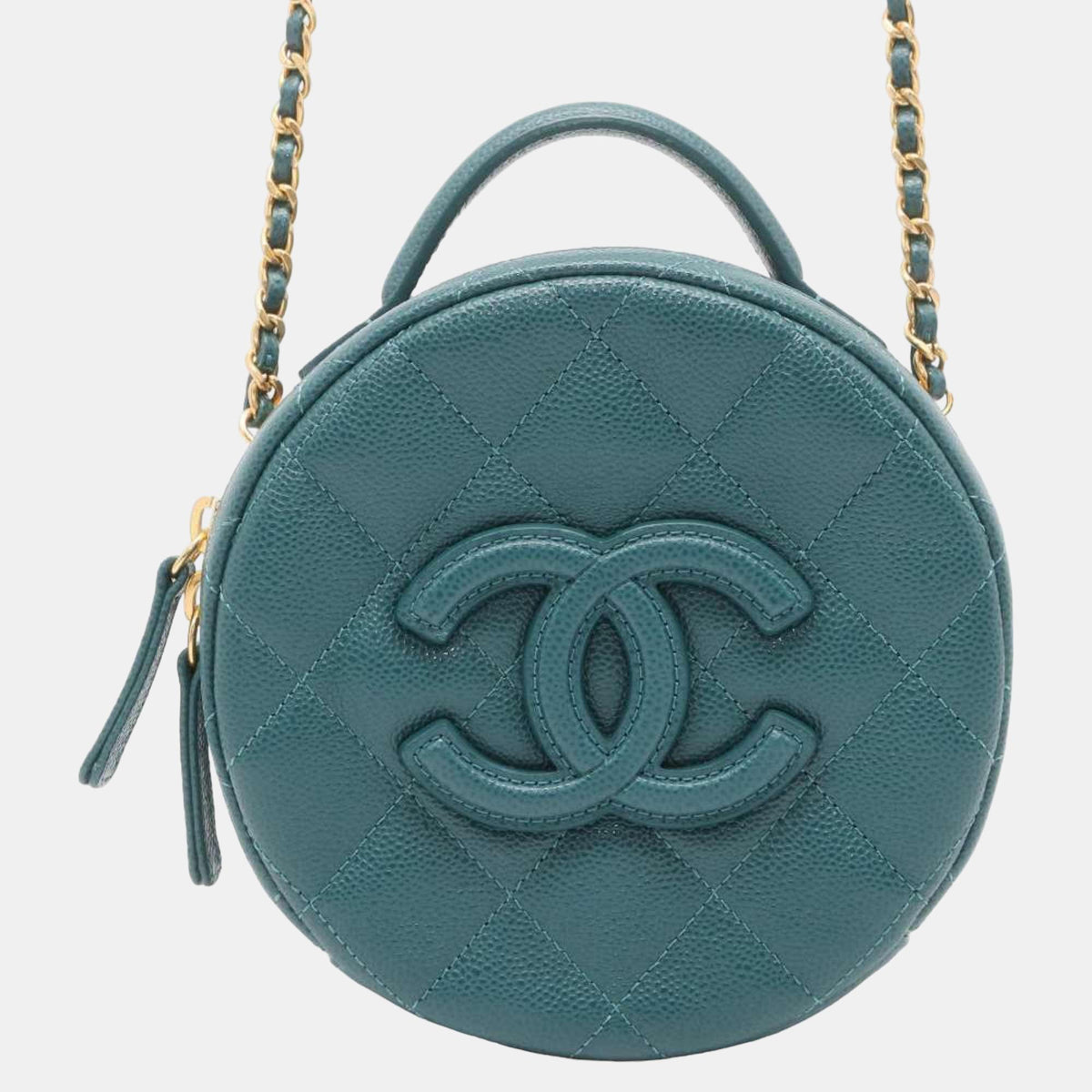Chanel Green Quilted Caviar Small Round Vanity With Chain