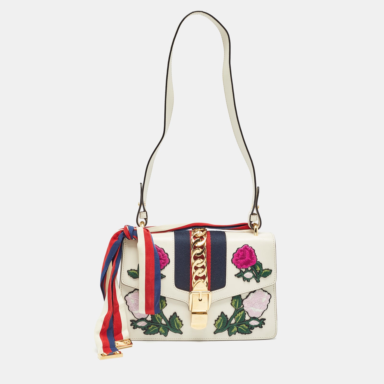 Gucci Off White Leather Small Web Embroidered Sylvie Shoulder Bag