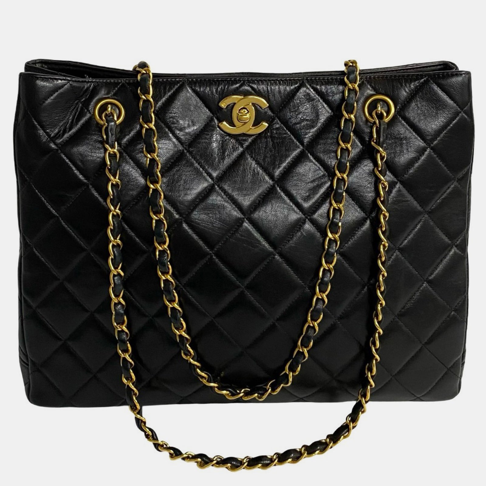 Chanel Sac fourre-tout matelassé en cuir noir avec chaîne vintage