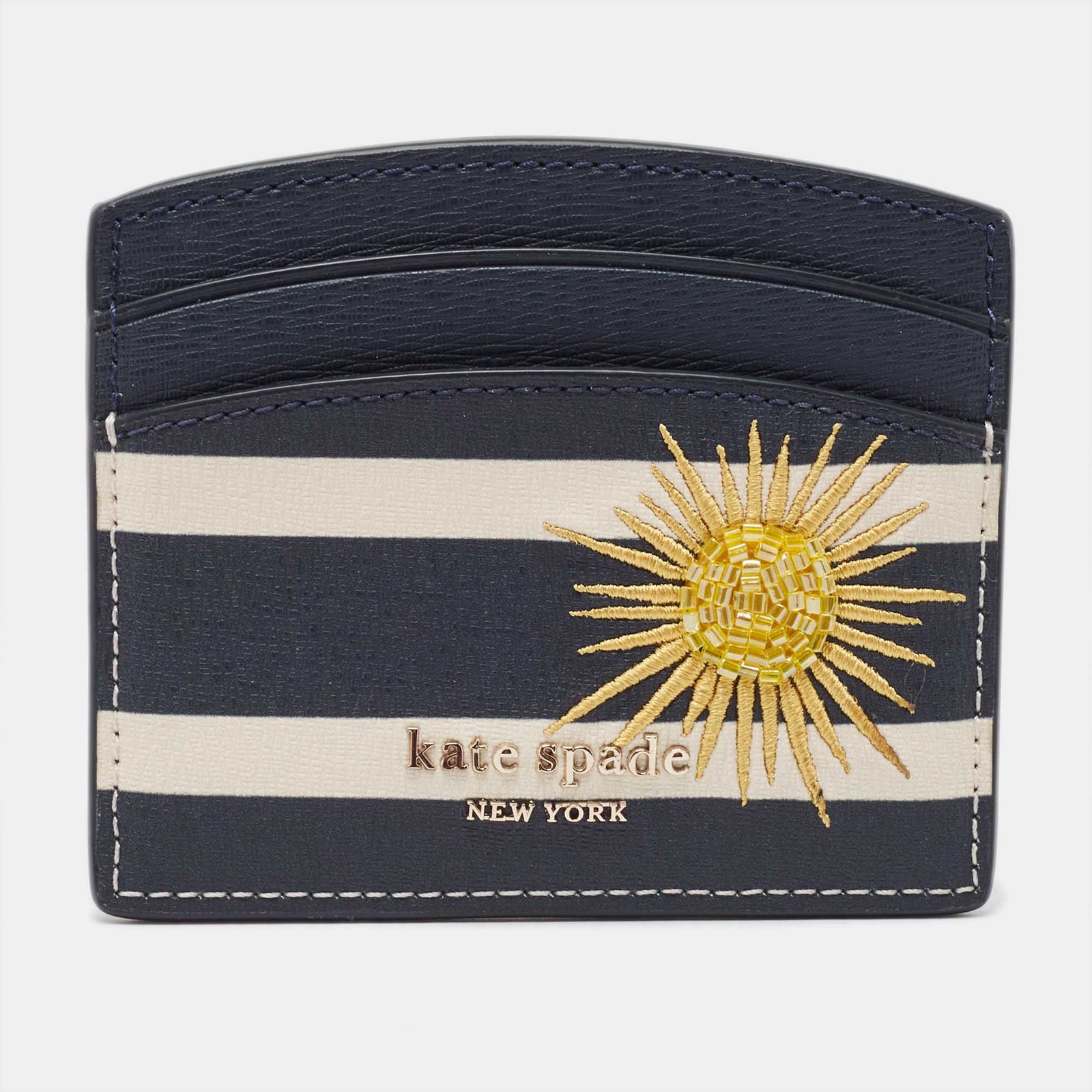 Kate Spade Navy Blue/White Stripe Leather Sunkissed Embellished Card Holder