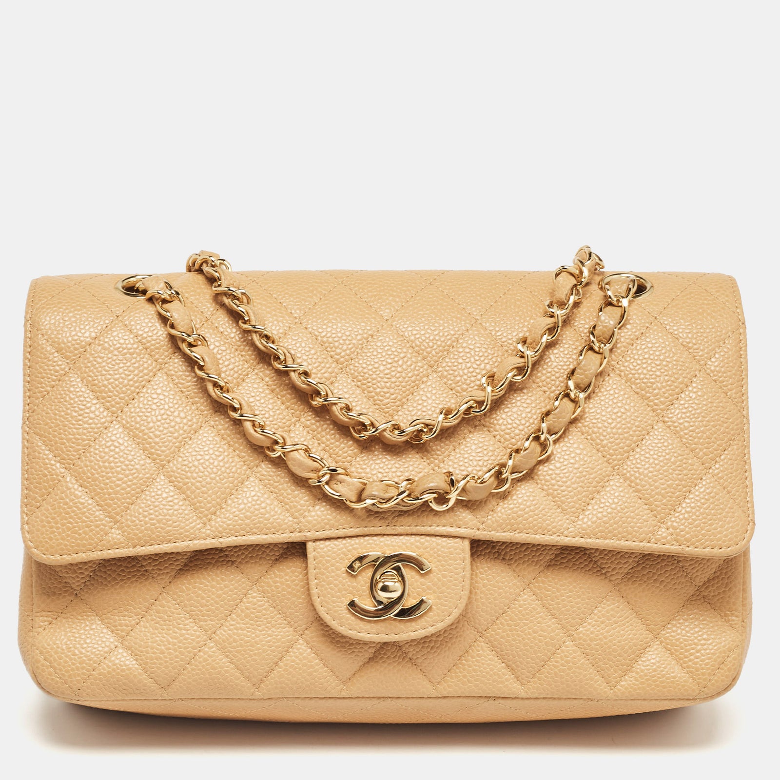 Chanel Mittelgroße klassische Tasche mit Doppelklappe aus Kaviarleder in Beige