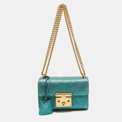 Metallic Teal Crinkled Leather Small Padlock Shoulder Bag