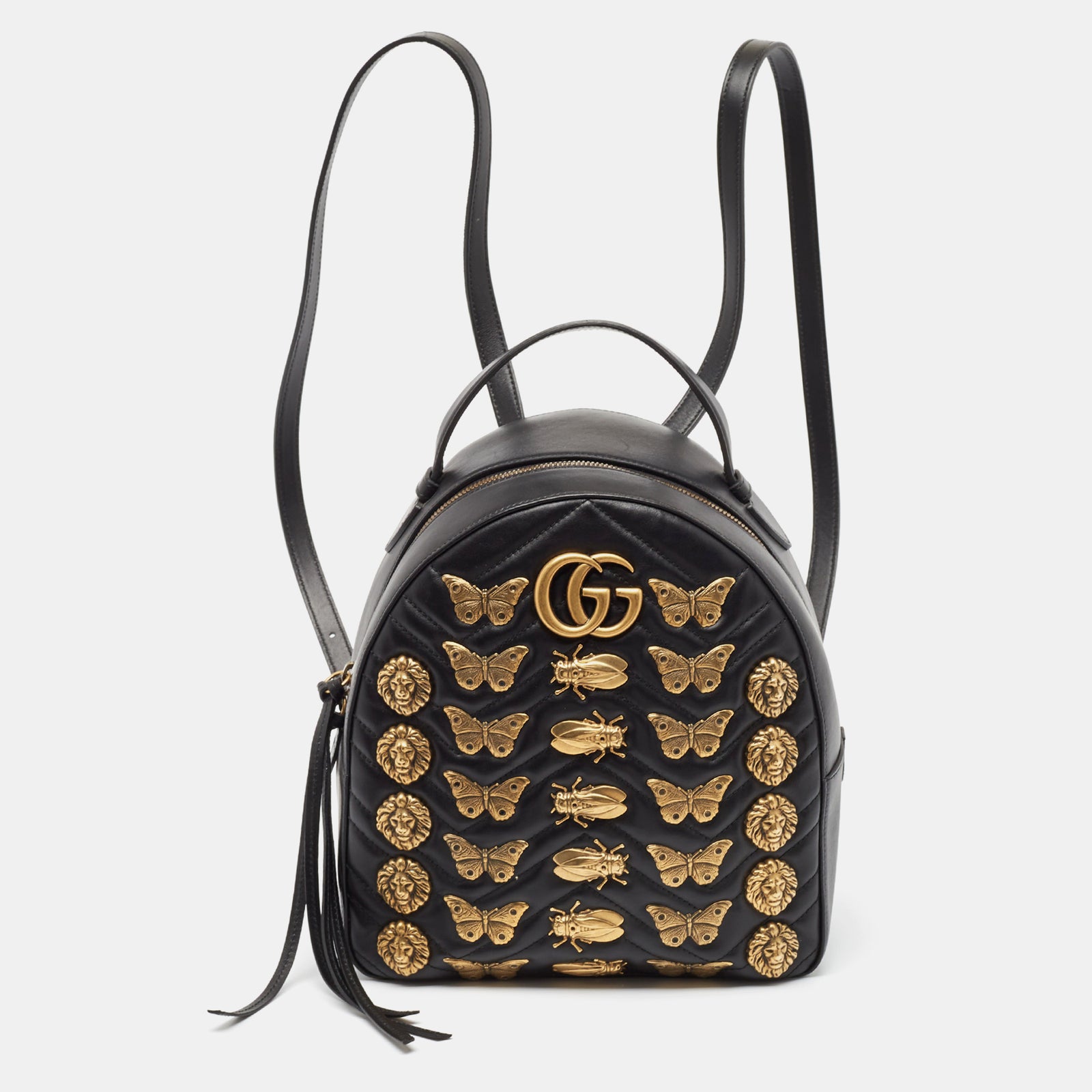 Gucci Schwarzer GG Marmont Dome-Rucksack mit Tiernieten aus Matelassé-Leder